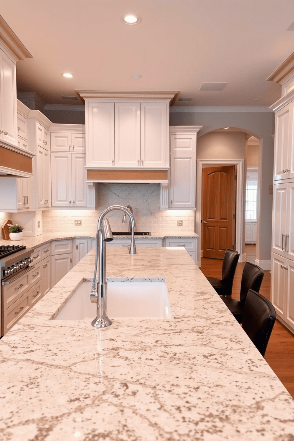 A spacious luxury kitchen featuring a farmhouse sink with a sleek modern faucet. The cabinetry is a blend of white and natural wood tones, creating a warm and inviting atmosphere. The countertops are made of polished granite with subtle veining, complementing the overall design. A large island in the center provides additional workspace and seating, adorned with stylish bar stools.