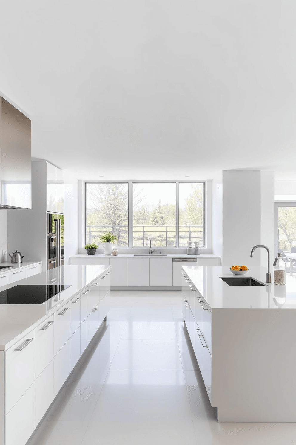 A sleek minimalist kitchen with an open layout featuring a large island at the center. The cabinetry is handleless with a glossy finish, complemented by stainless steel appliances and a subtle marble backsplash. Natural light floods the space through expansive windows, highlighting the neutral color palette of whites and grays. A few carefully chosen decorative items, such as a fruit bowl and a stylish kettle, add warmth without cluttering the clean lines.