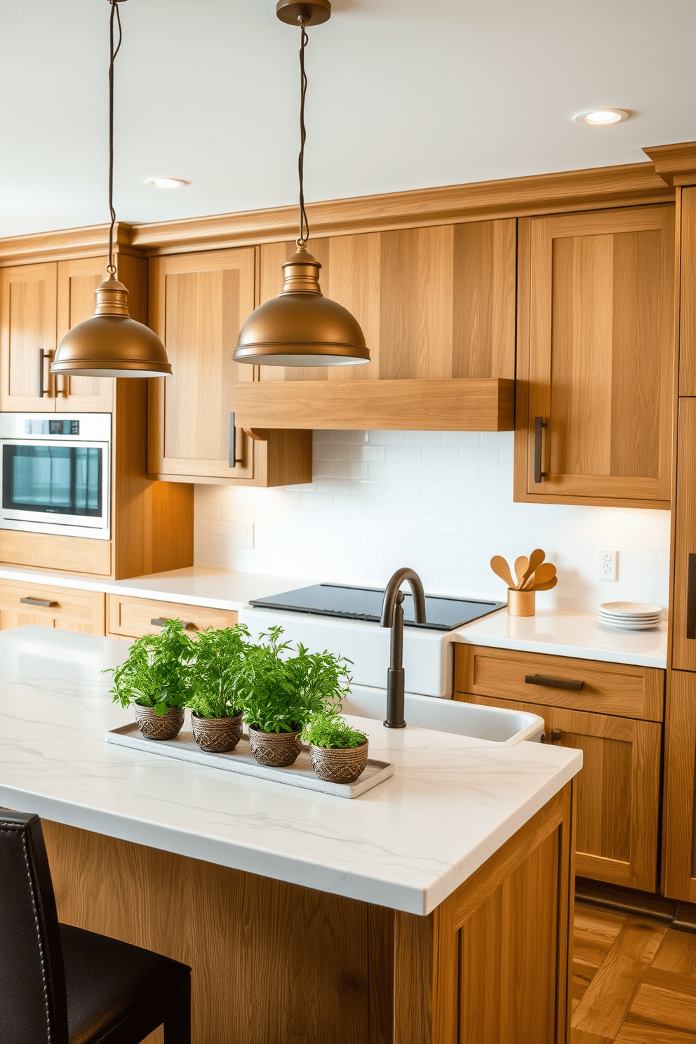 A luxury kitchen featuring warm wood elements creates a cozy and inviting atmosphere. The cabinetry is crafted from rich oak with a natural finish, complemented by a large island topped with a stunning quartz countertop. The backsplash is a soft white subway tile that enhances the warmth of the wood. Pendant lights with a brushed brass finish hang above the island, providing both style and functionality. A farmhouse sink with a matte black faucet adds a touch of modern elegance. A beautiful arrangement of fresh herbs in decorative pots sits on the countertop, bringing life to the space.