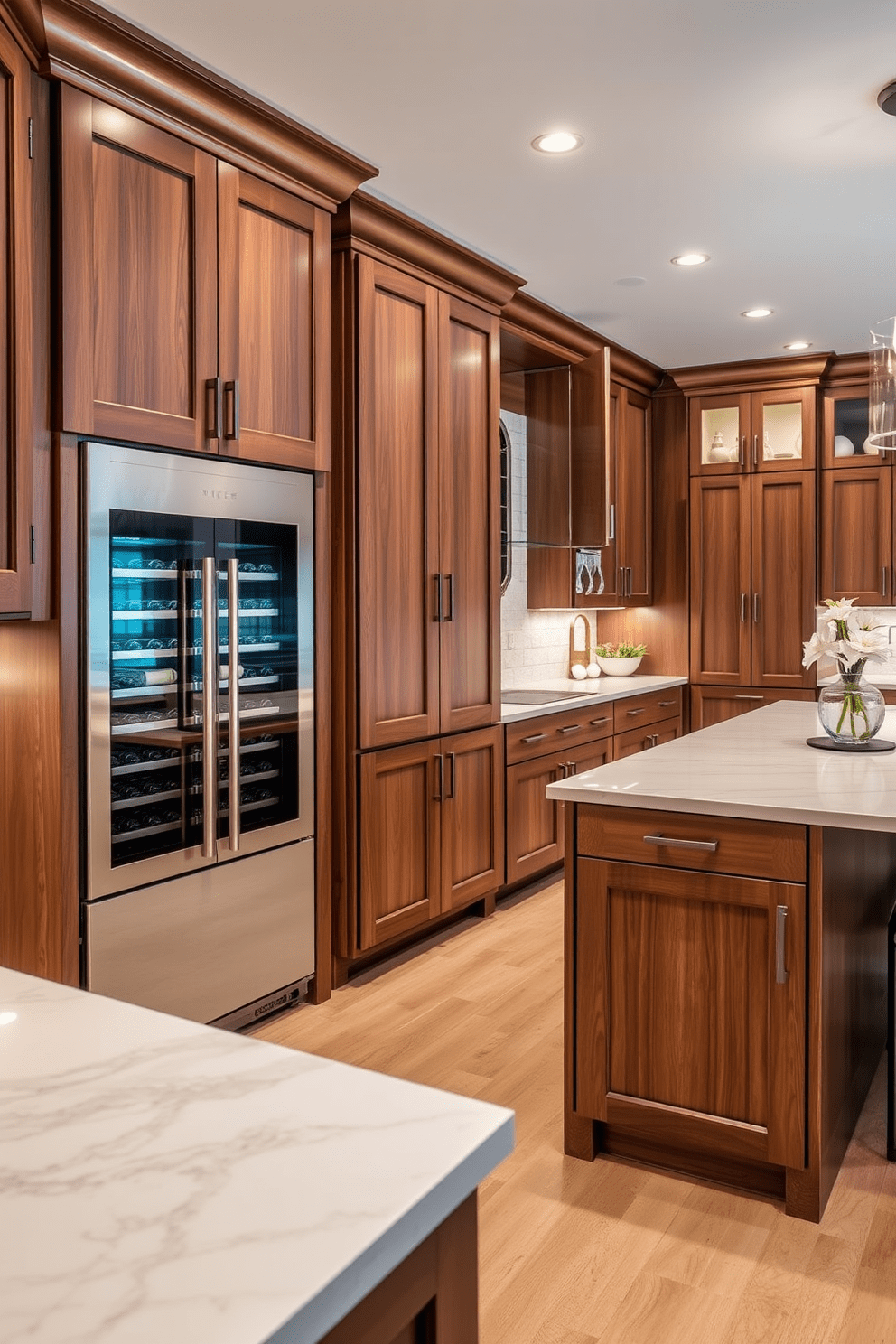 An elegant wine fridge is seamlessly integrated into the custom cabinetry of a luxury kitchen. The cabinetry features rich wood finishes and sleek hardware, enhancing the sophisticated ambiance of the space. The kitchen boasts a large island with a stunning quartz countertop that provides ample space for meal preparation and entertaining. Soft, ambient lighting illuminates the area, highlighting the high-end appliances and stylish decor elements.