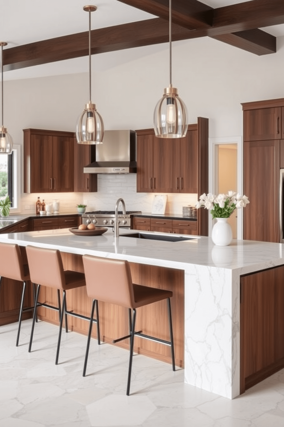 A spacious multi-functional kitchen island features ample seating for four, with stylish bar stools that complement the overall decor. The island is topped with a sleek quartz countertop and includes built-in storage for kitchen essentials. Surrounding the island, high-end cabinetry in a rich wood finish adds warmth to the luxury kitchen design. The space is illuminated by elegant pendant lights, creating a welcoming atmosphere perfect for cooking and entertaining.