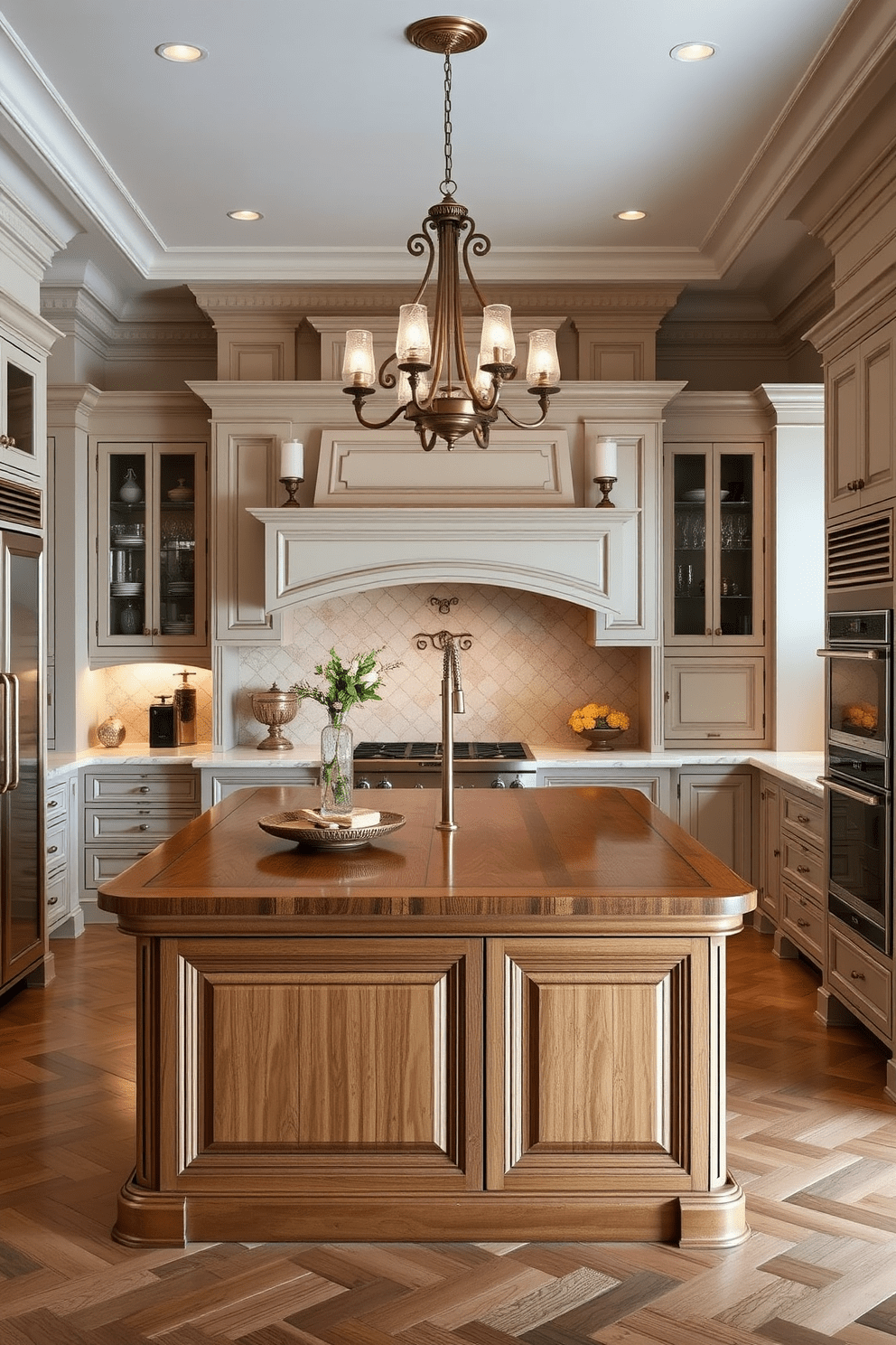 A luxury kitchen design featuring vintage-inspired fixtures that evoke a sense of timeless elegance. The space includes a large central island with a rich wooden finish, complemented by brass accents and ornate light fixtures hanging above. The cabinetry showcases a classic design with intricate moldings and a soft color palette, creating a warm and inviting atmosphere. High-end appliances are seamlessly integrated, enhancing both functionality and style in this exquisite culinary space.