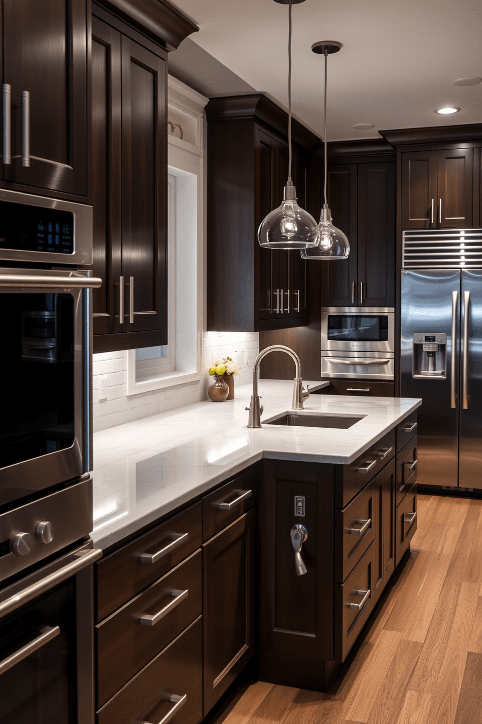 A luxury kitchen featuring high-end stainless steel appliances seamlessly integrated into custom cabinetry. The space boasts an expansive island with a polished quartz countertop, complemented by elegant pendant lighting overhead.