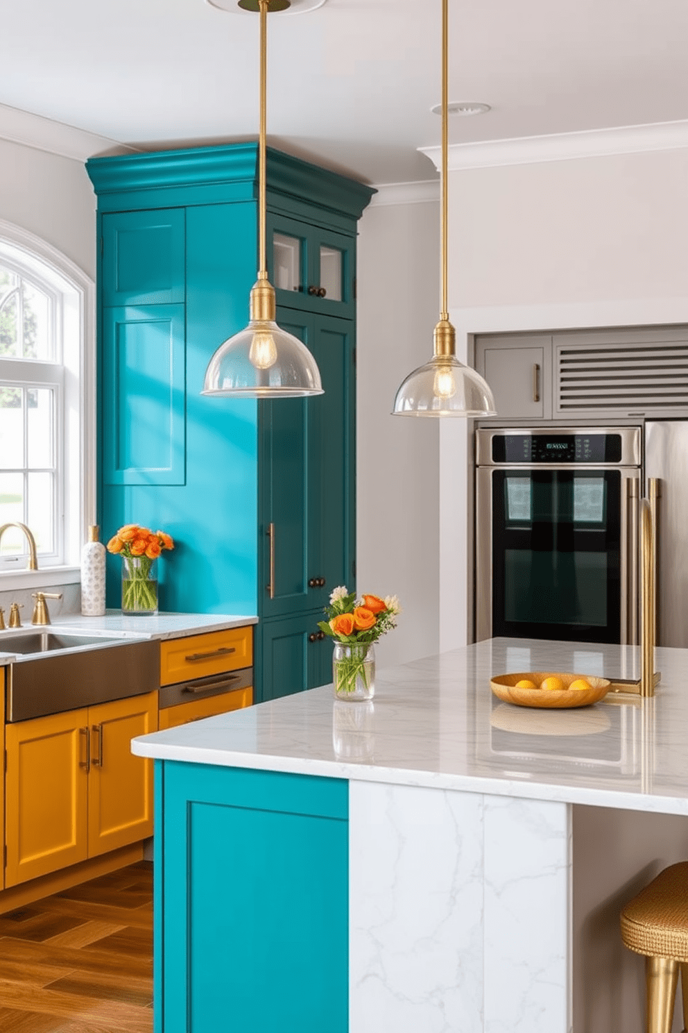 Colorful cabinetry in a luxury kitchen creates a vibrant and inviting atmosphere. The cabinetry features a mix of bold hues like teal and mustard, complemented by sleek brass hardware. The kitchen island is topped with a stunning quartz countertop, providing ample space for meal preparation and entertaining. Elegant pendant lights hang above the island, casting a warm glow over the space.