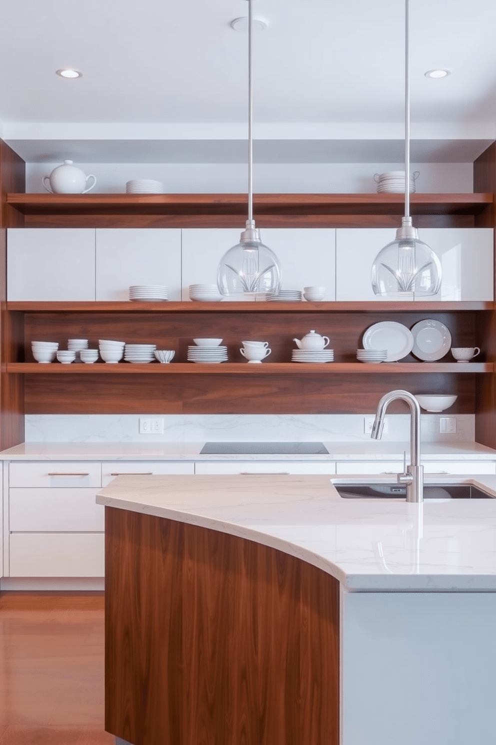 A luxury kitchen featuring open shelving that elegantly displays a curated collection of dishware. The shelves are crafted from rich hardwood, beautifully contrasting with the sleek white cabinetry below. The kitchen island is topped with a stunning quartz countertop, providing ample space for meal preparation and casual dining. Pendant lights with a modern design hang above the island, adding a touch of sophistication to the overall aesthetic.