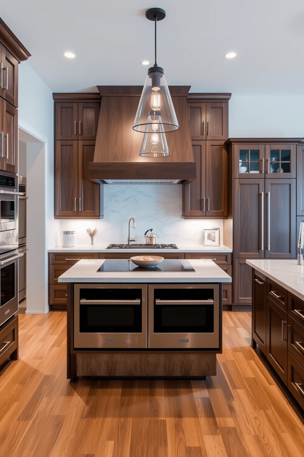 A luxury kitchen designed for culinary enthusiasts features double ovens seamlessly integrated into custom cabinetry. The space is adorned with high-end finishes, including a large island topped with quartz and stylish pendant lighting overhead.