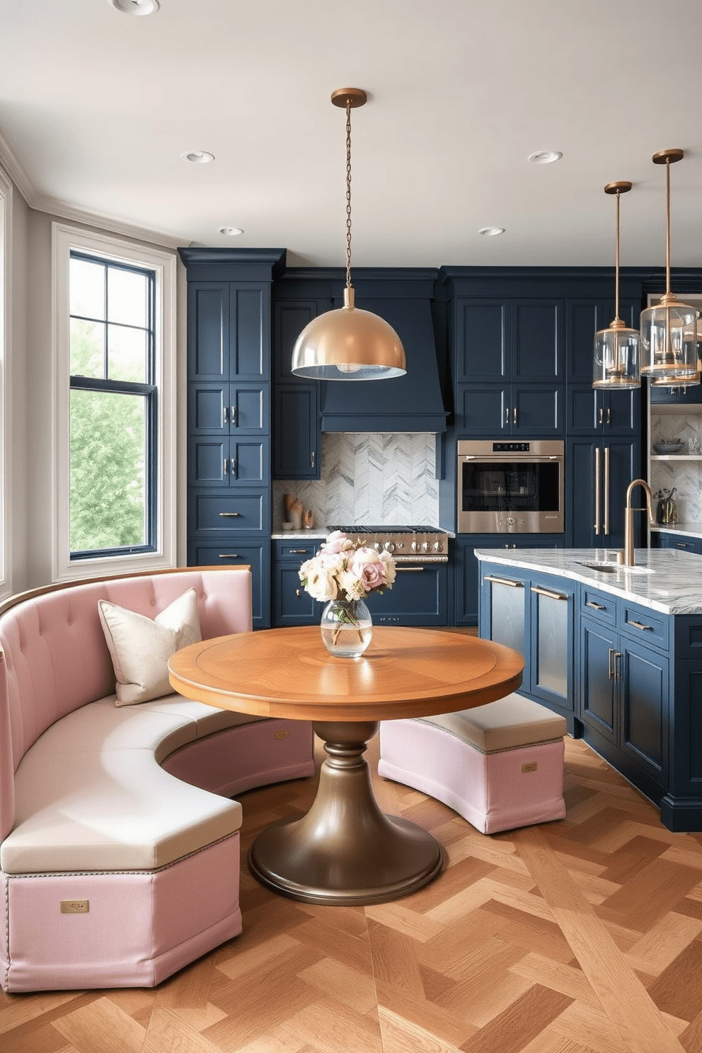 Chic breakfast nook with built-in seating. The nook features a round wooden table surrounded by plush upholstered benches in soft pastel colors, with large windows providing natural light. Luxury kitchen design ideas. The kitchen showcases high-end appliances, a large central island with a waterfall countertop, and custom cabinetry in a rich navy blue finish.