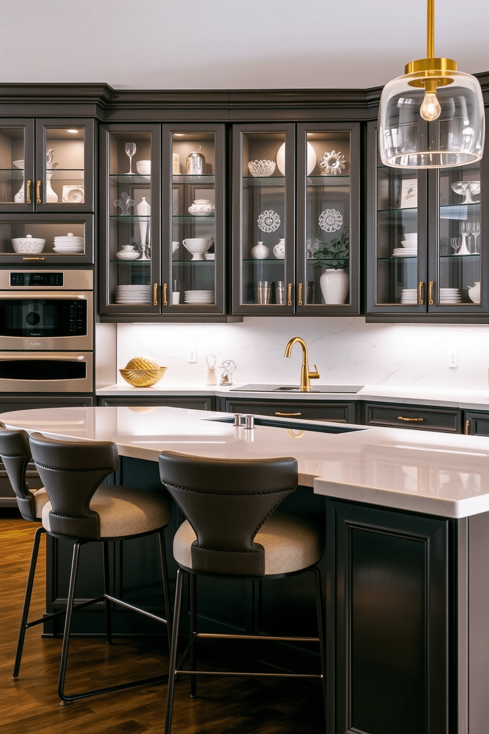 A luxury kitchen featuring glass-front cabinets that elegantly display curated decor items. The cabinets are complemented by a spacious island topped with a polished quartz countertop and stylish bar stools.