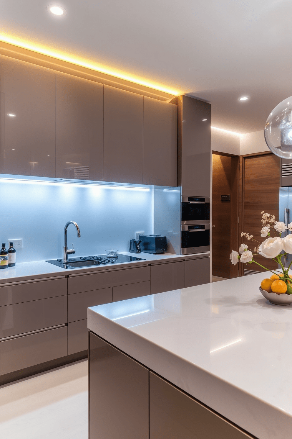 A luxury kitchen design featuring under-cabinet lighting that creates a warm and inviting ambiance. The cabinetry is sleek and modern with a high-gloss finish, complemented by a spacious island that serves as a focal point for gatherings.