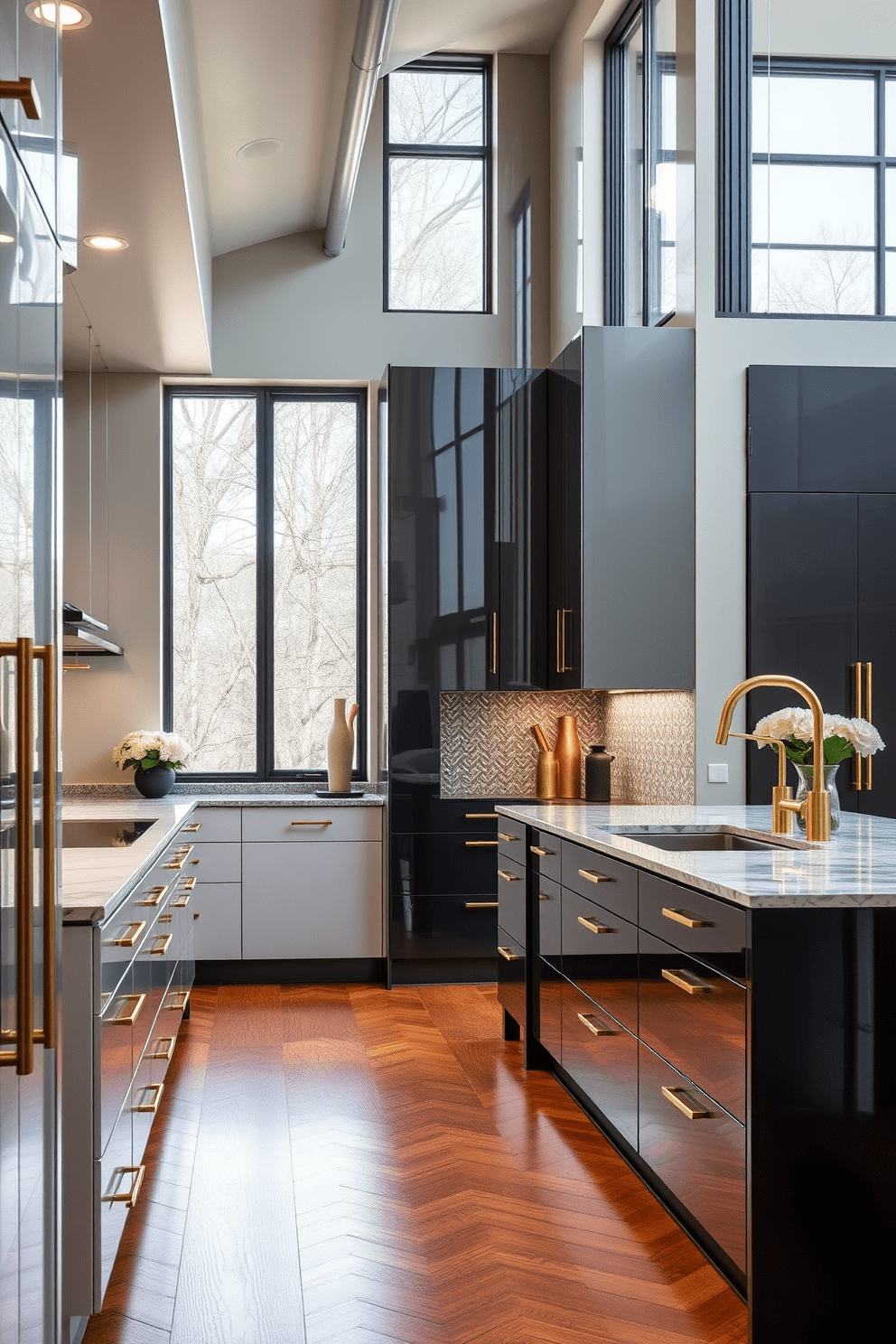 A luxury kitchen design featuring sleek cabinetry with high-gloss finishes and brass accents throughout. The centerpiece is a large island with a marble countertop that complements the elegant brass fixtures and hardware. The backsplash is adorned with intricate tile work that adds texture and interest to the space. Large windows allow natural light to flood in, highlighting the rich tones of the wooden flooring and the sophisticated color palette.