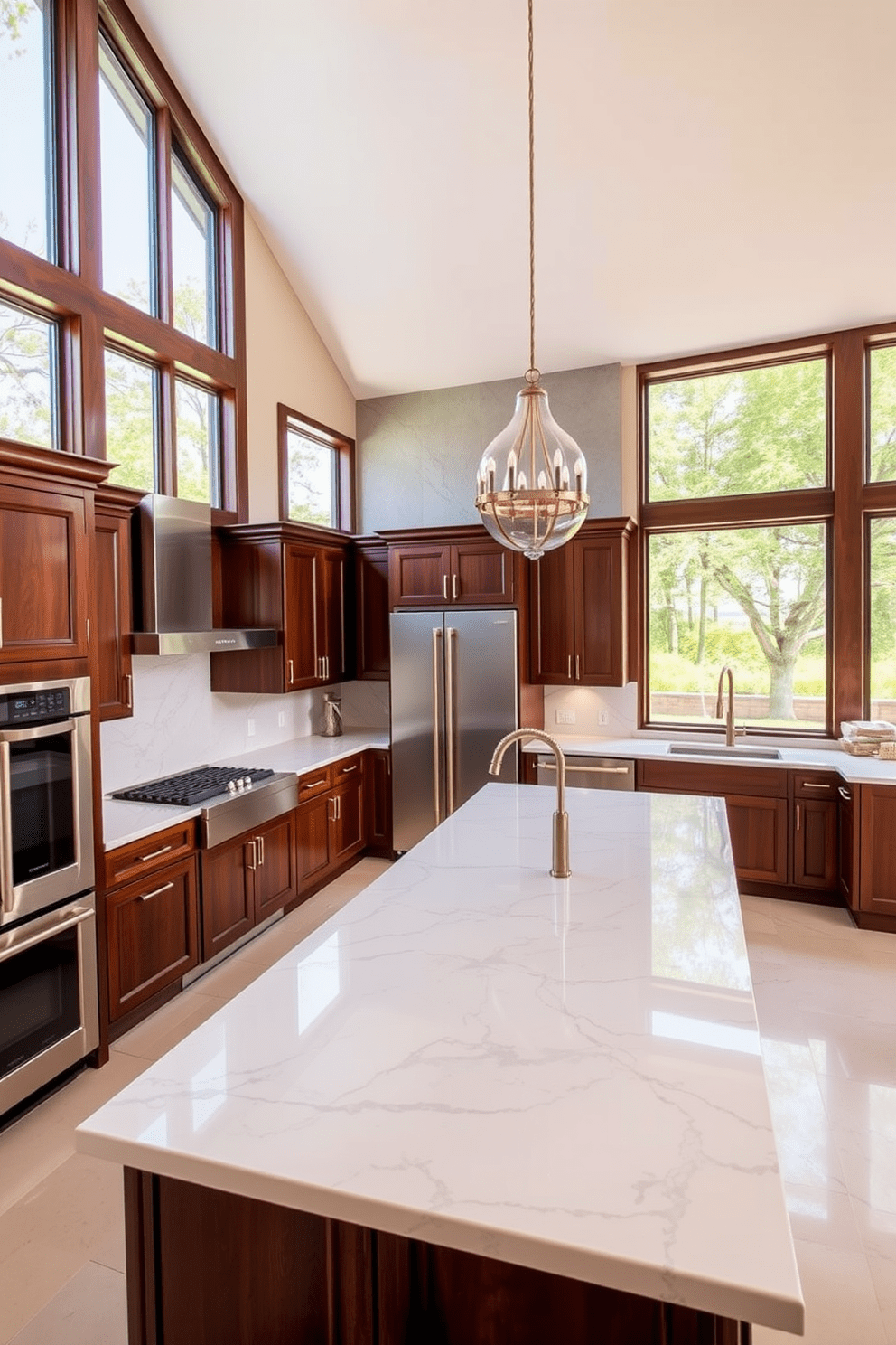 A luxury kitchen featuring large windows that fill the space with natural light. The cabinetry is a rich dark wood with sleek stainless steel appliances and a spacious island at the center. The countertops are made of polished white marble with subtle grey veining. Elegant pendant lights hang above the island, adding a touch of sophistication to the overall design.