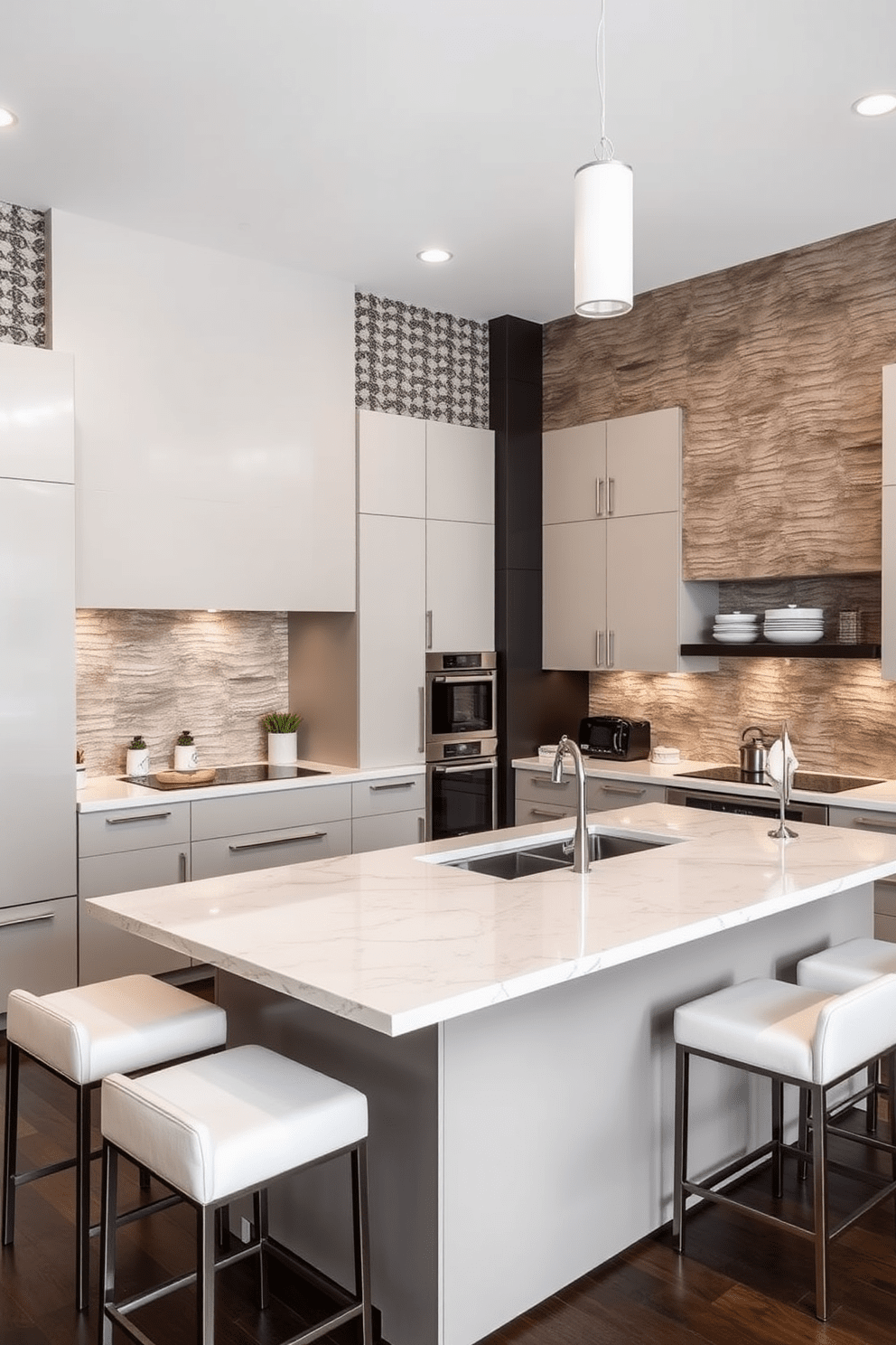 A luxury kitchen featuring textured wall treatments that add depth and interest to the space. The cabinetry is sleek and modern, complemented by high-end appliances and a large island with bar seating.