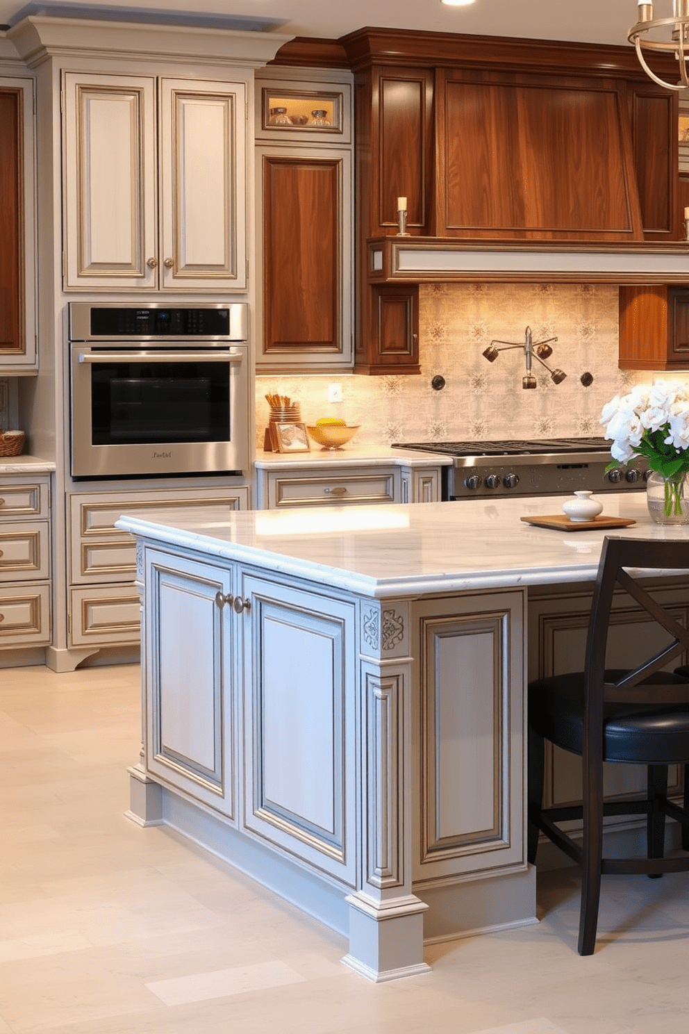 Custom cabinetry with elegant finishes creates a timeless appeal in a luxury kitchen. The cabinetry features intricate detailing and a rich wood stain, complemented by high-end appliances and a spacious island.