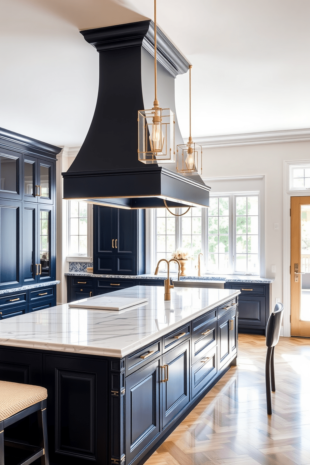 A luxury kitchen featuring an artistic range hood as the focal point. The cabinetry is a rich navy blue with gold hardware, complemented by a large marble island with bar seating. Natural light floods the space through oversized windows, highlighting the intricate tile backsplash. Pendant lights with a modern design hang elegantly above the island, creating a warm and inviting atmosphere.