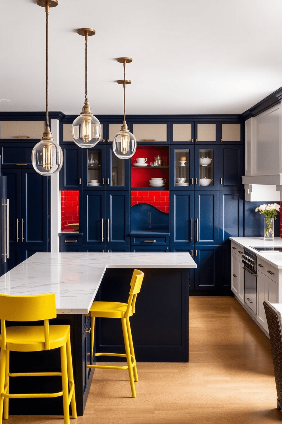 A luxury kitchen featuring bold accent colors that create a dramatic atmosphere. The cabinets are a deep navy blue, complemented by bright yellow bar stools at a large island with a white marble countertop. The backsplash is a vibrant red tile that adds a striking contrast to the neutral tones of the kitchen. Elegant pendant lights hang above the island, casting a warm glow over the space and enhancing its sophistication.