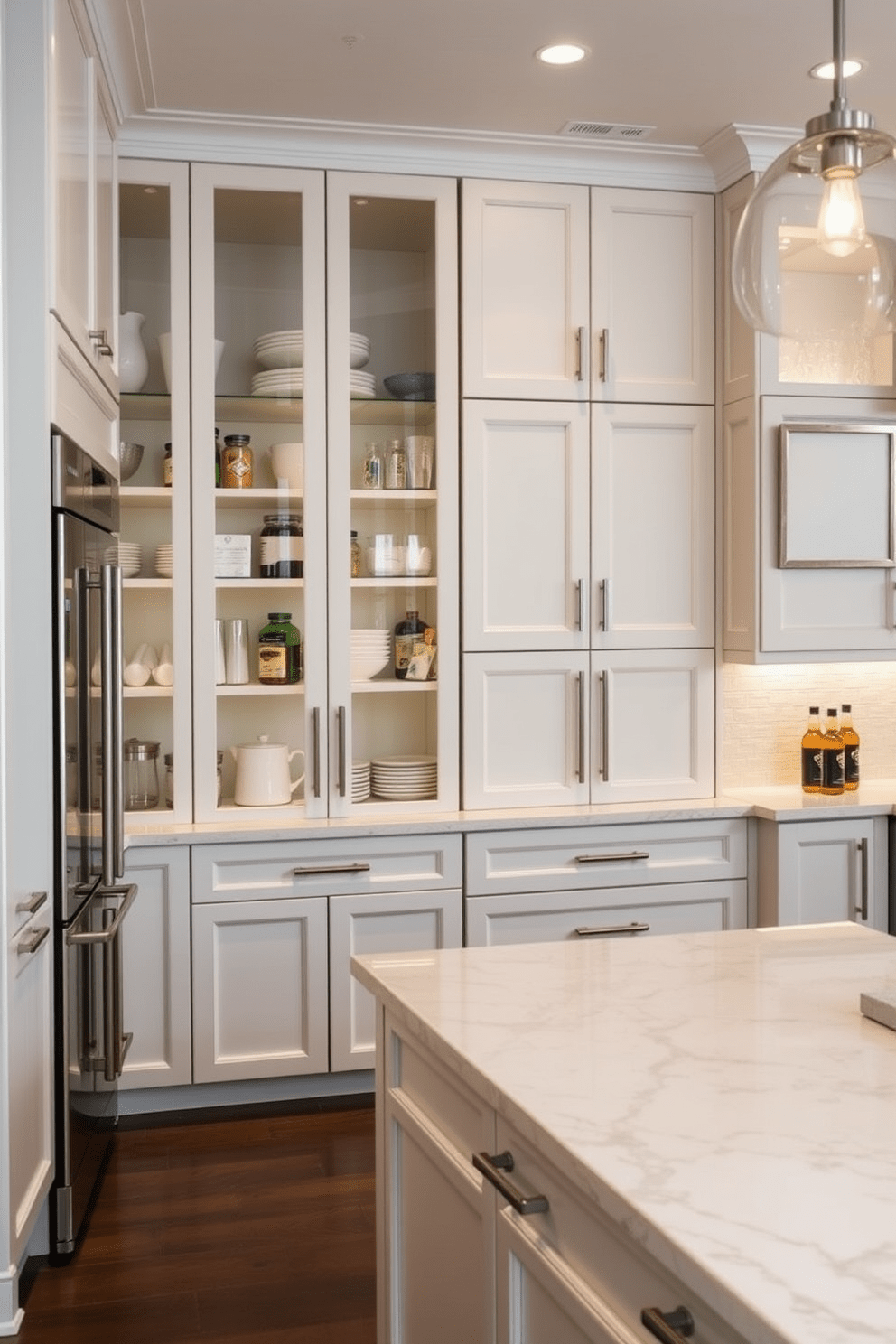 A stylish pantry with glass doors allows for easy visibility of neatly organized shelves filled with gourmet ingredients and elegant dishware. The cabinetry features a sleek finish in a soft white, complemented by modern hardware and subtle lighting that enhances the overall ambiance. The kitchen showcases a spacious island with a stunning quartz countertop, perfect for meal preparation and casual dining. Surrounding the island, high-end stainless steel appliances and custom cabinetry create a seamless blend of functionality and luxury.