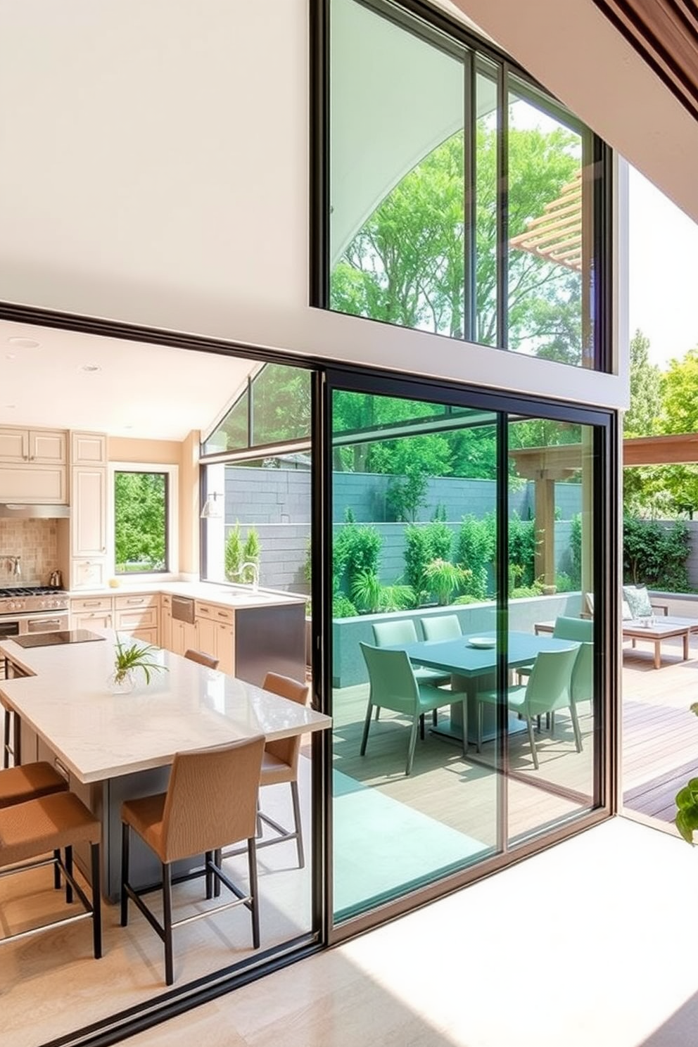 A seamless indoor-outdoor kitchen transition featuring large glass sliding doors that open up to a beautiful patio area. The kitchen is designed with high-end appliances, a large island with bar seating, and elegant cabinetry in a soft neutral tone. The outdoor space includes a stylish dining area with a modern table and comfortable chairs, surrounded by lush greenery. The flooring transitions smoothly from indoor tiles to outdoor decking, creating a cohesive flow between the two spaces.