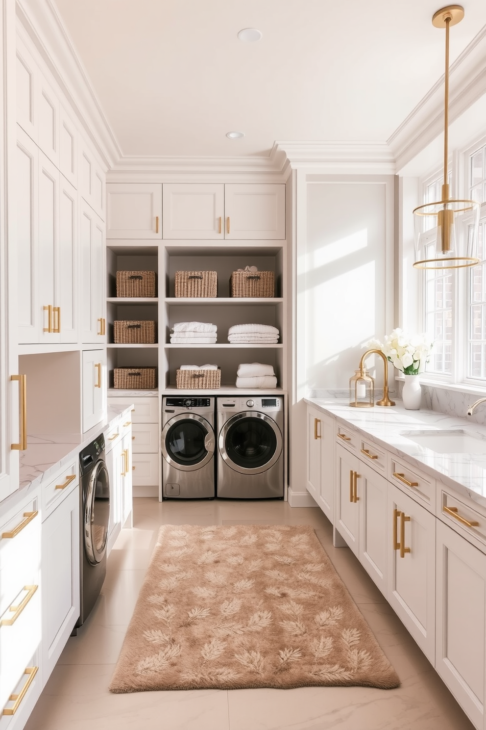 Elegant marble countertops create a chic and sophisticated atmosphere in a luxury laundry room. The space features custom cabinetry in a soft white finish, complemented by stylish gold hardware and a spacious island for folding clothes. Natural light floods the room through large windows, enhancing the bright and airy feel. A plush area rug adds warmth, while organized shelving displays neatly folded linens and decorative storage baskets.