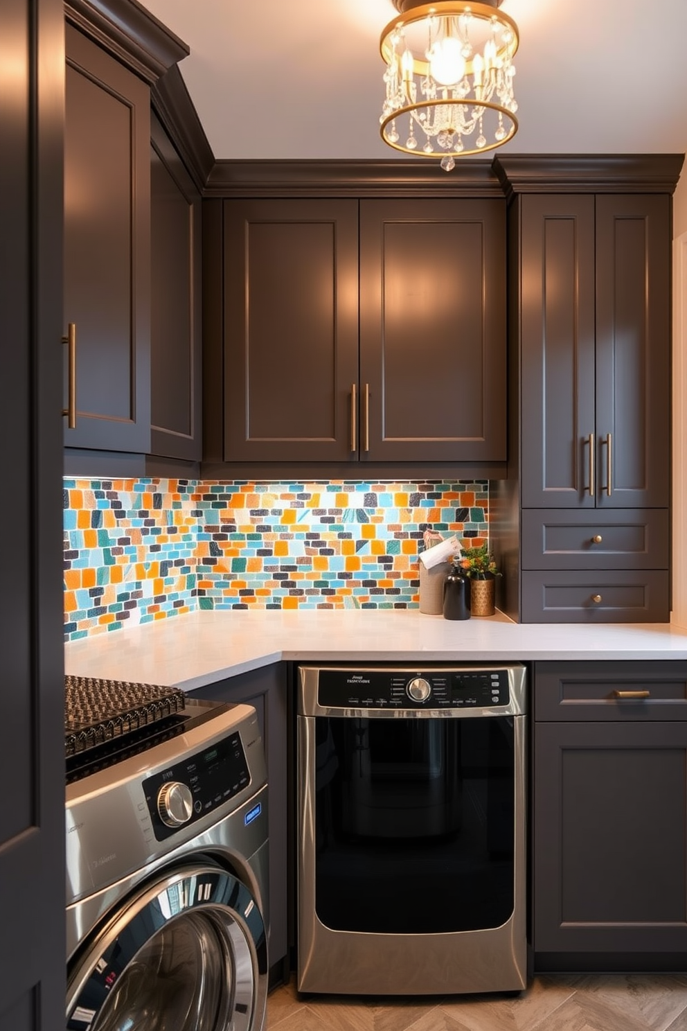 A vibrant and colorful tile backsplash adds a striking pop of color to a luxury laundry room. The space features high-end appliances, ample storage, and stylish cabinetry, creating a functional yet beautiful environment.