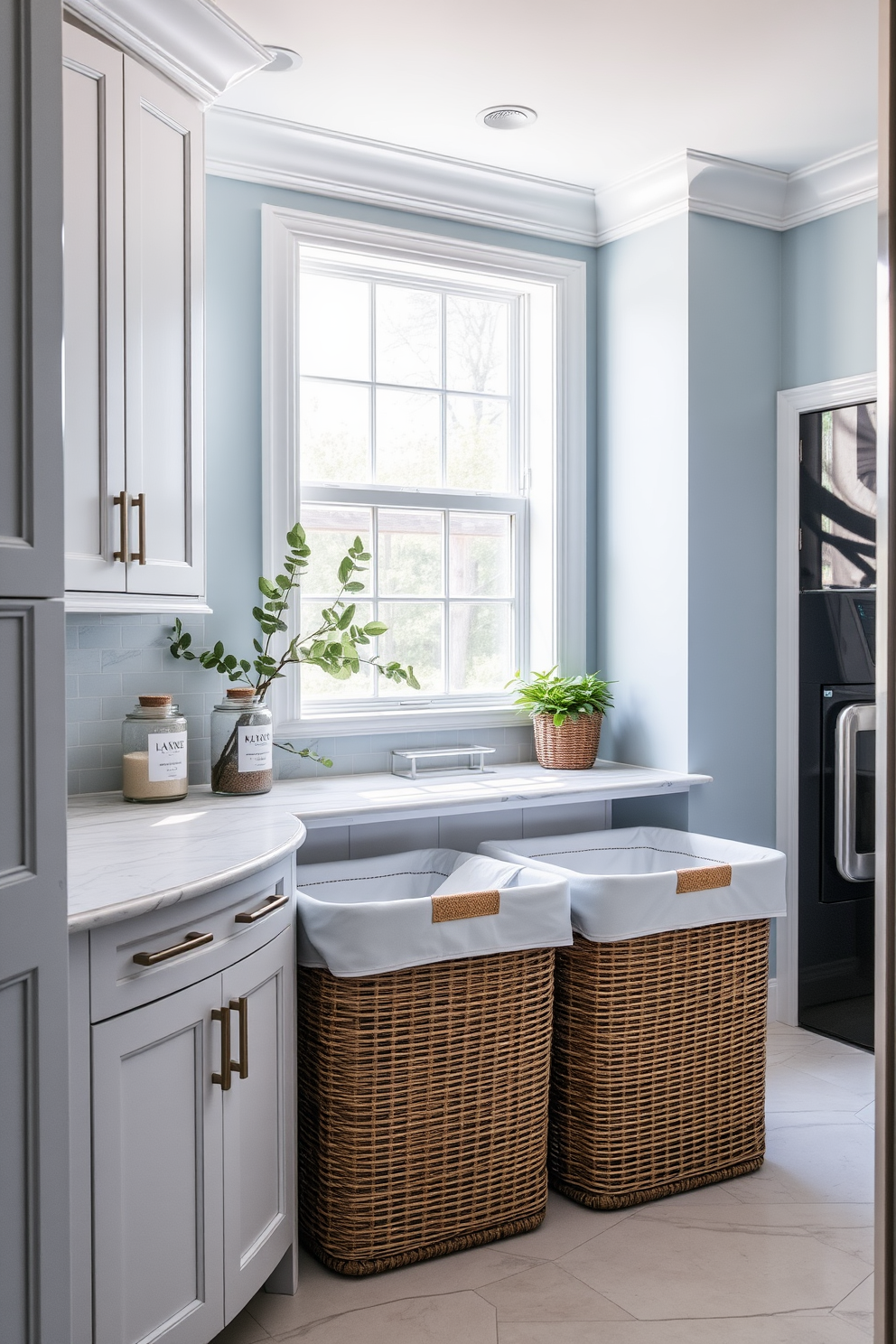 A luxury laundry room featuring elegant laundry baskets made of woven rattan with soft fabric liners. The space is illuminated by natural light streaming through a large window, highlighting the sleek cabinetry and marble countertops. The walls are painted in a calming light blue, creating a serene atmosphere. Stylish accessories, including decorative jars and fresh plants, are arranged on the countertops for a polished look.