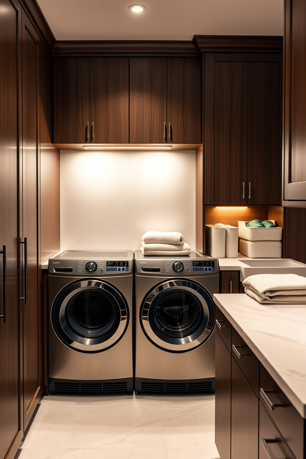 A luxury laundry room equipped with smart home technology for efficient management. The space features sleek cabinetry with built-in appliances, including a high-capacity washer and dryer that can be controlled remotely. The countertops are made of durable quartz, providing ample space for folding and sorting clothes. Soft ambient lighting illuminates the room, creating a warm and inviting atmosphere while energy-efficient systems optimize functionality.