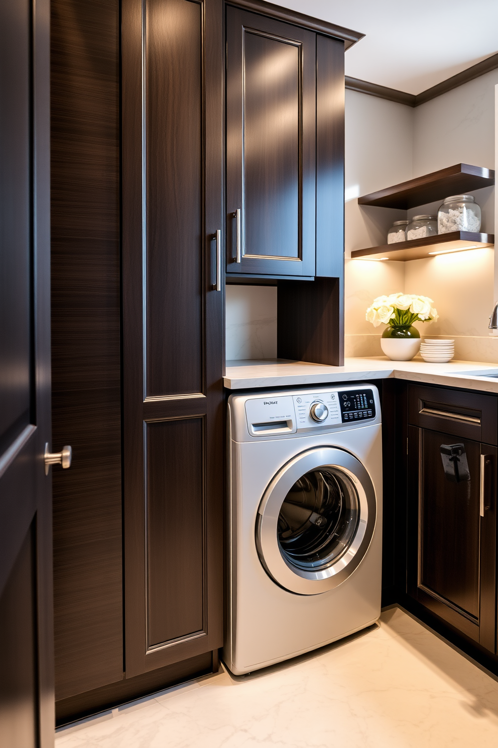 A luxury laundry room featuring a sleek washer dryer combo seamlessly integrated into custom cabinetry. The room is adorned with marble countertops, soft ambient lighting, and elegant storage solutions to maximize space efficiency.