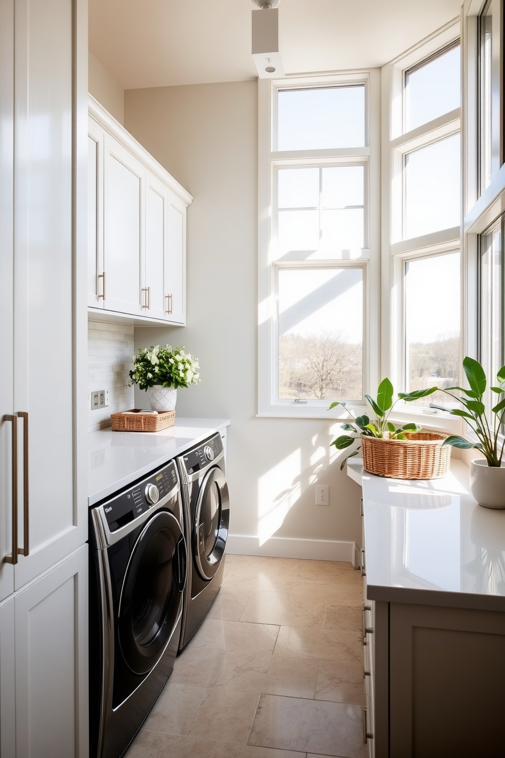 A bright and airy laundry room featuring large windows that allow natural light to flood the space. The room includes high-end appliances seamlessly integrated into custom cabinetry with a sleek finish. A spacious countertop is designed for folding clothes, adorned with decorative baskets for organization. The flooring is a stylish tile that complements the overall aesthetic, while fresh plants add a touch of greenery.