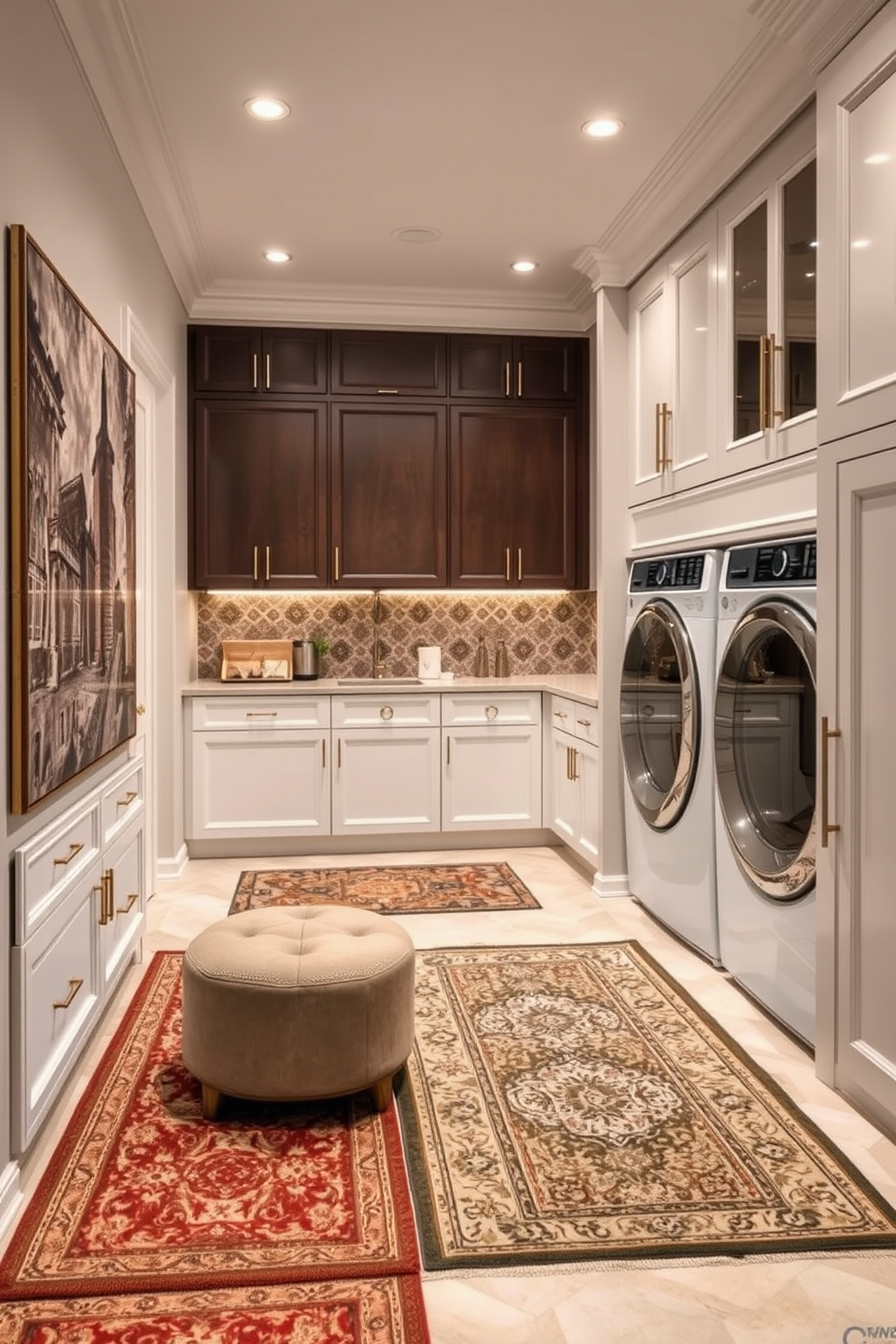 Chic area rugs to soften the space. The rugs feature intricate patterns and rich textures, adding warmth and style to the room. Luxury laundry room design ideas. The space includes high-end appliances, custom cabinetry, and elegant countertops, creating a functional yet sophisticated environment.