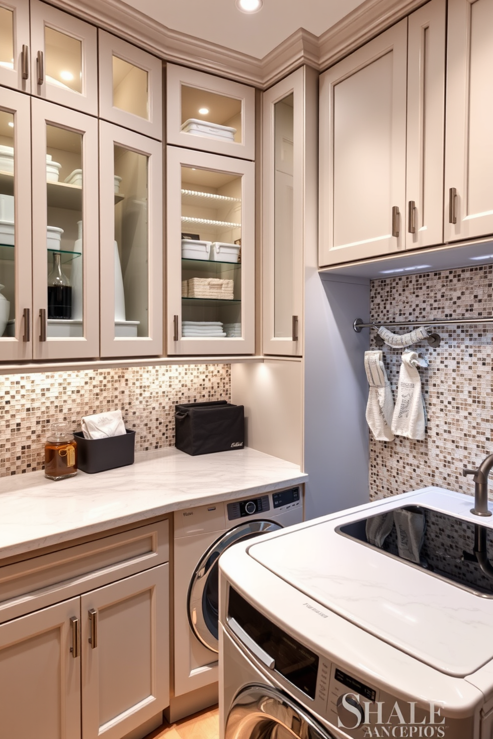 A luxury laundry room features elegant glass-front cabinets that showcase neatly organized essentials. The cabinetry is complemented by a sleek countertop made of polished quartz, providing ample workspace for laundry tasks. Soft ambient lighting illuminates the space, enhancing the modern aesthetic while creating a warm atmosphere. A stylish backsplash in a subtle mosaic pattern adds a touch of sophistication to the overall design.