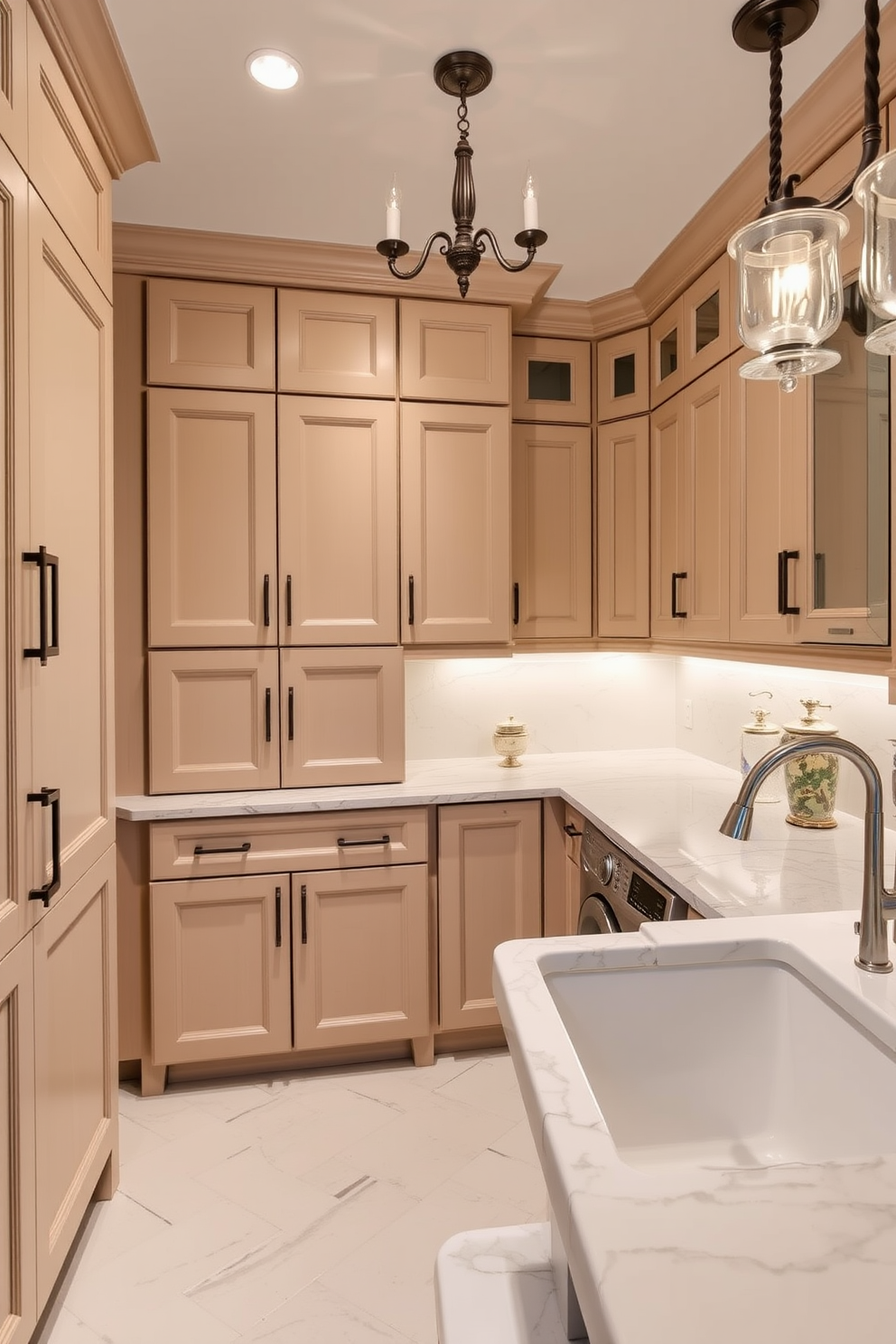 A luxurious laundry room features custom cabinetry with unique hardware that adds a personalized touch. The space includes a large farmhouse sink and a stylish countertop, complemented by elegant lighting fixtures that enhance the overall aesthetic.