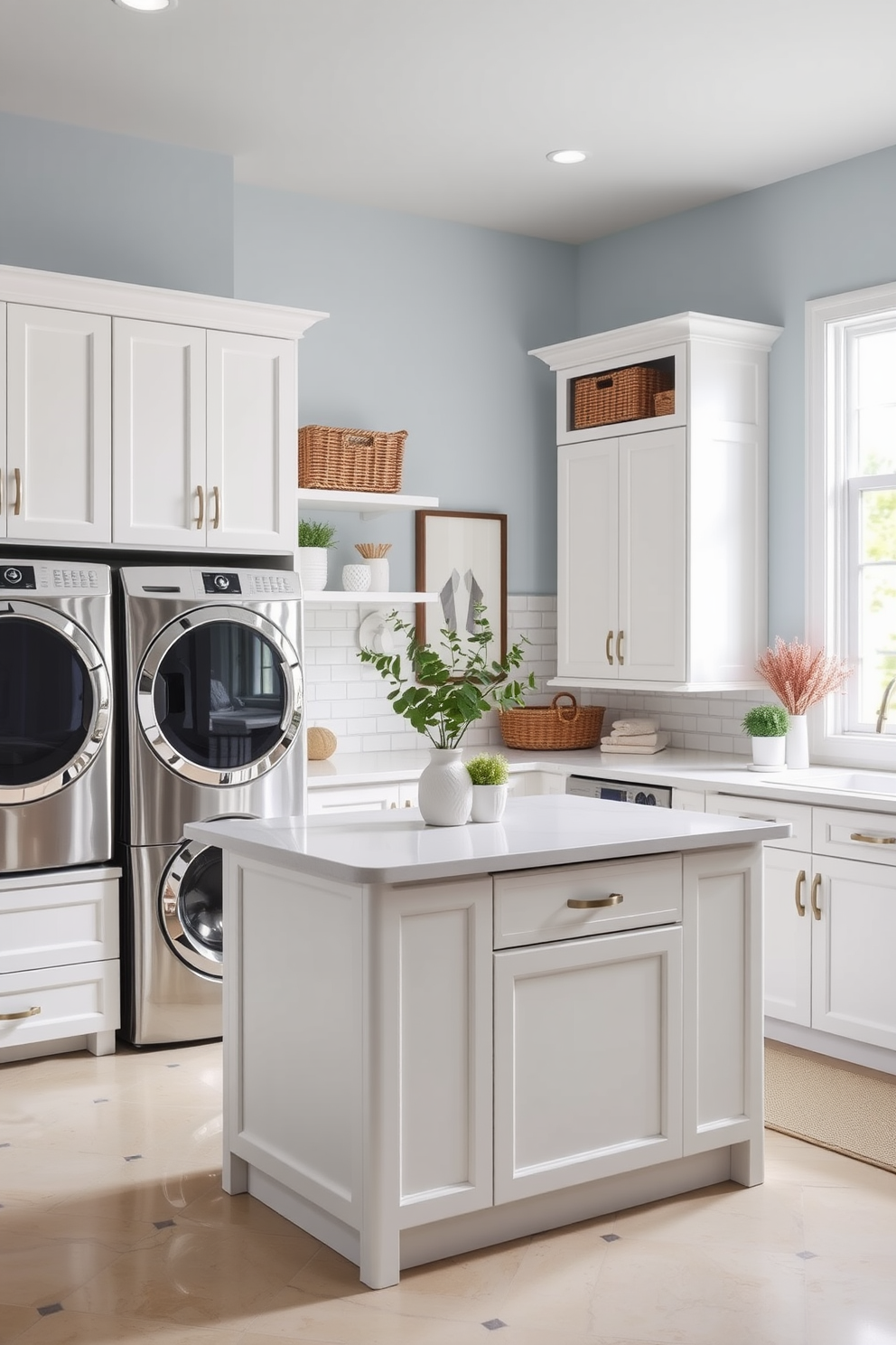 A stylish laundry room featuring a central island designed for extra workspace. The island is topped with a sleek quartz surface and surrounded by ample storage cabinets in a soft white finish. On one side, there are built-in appliances including a washer and dryer, both elegantly integrated into the cabinetry. The walls are painted in a calming light blue hue, complemented by a chic backsplash of white subway tiles. Natural light floods the space through a large window, enhancing the bright and airy atmosphere. Decorative elements like potted plants and stylish baskets add a touch of warmth and organization to the room.