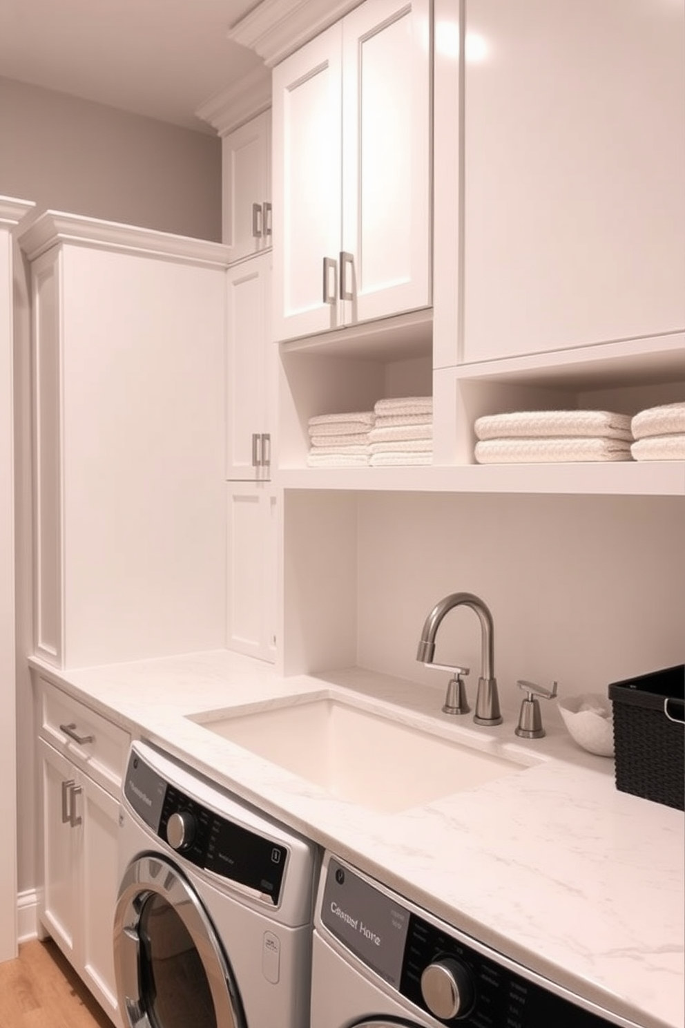 Custom cabinetry for optimal storage solutions. The laundry room features sleek, built-in cabinets with a combination of open shelves and closed storage, all finished in a soft white hue. The countertops are made of durable quartz, providing ample workspace for sorting and folding clothes. A stylish sink is integrated into the cabinetry, complemented by modern, brushed nickel fixtures.