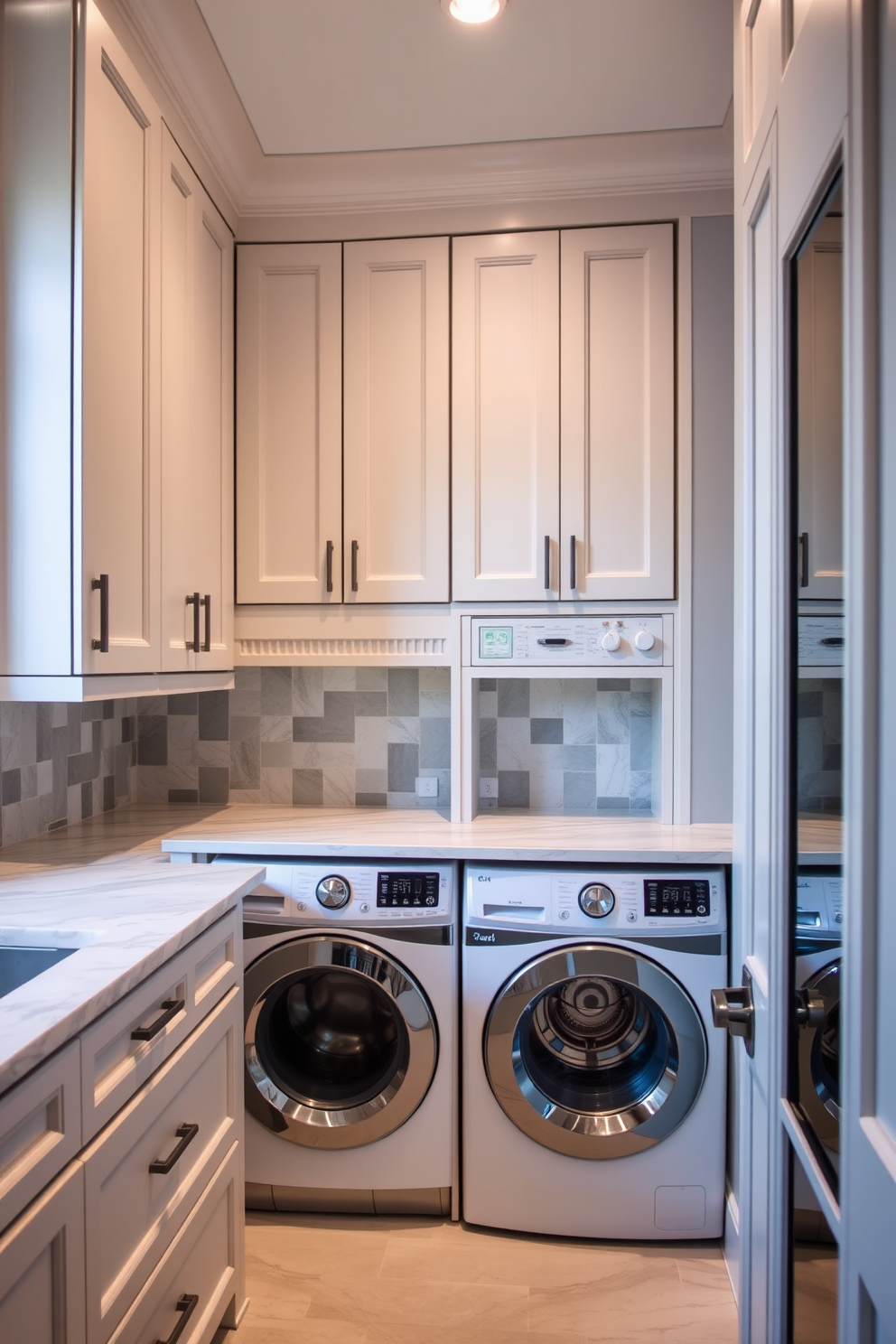 A luxury laundry room featuring hidden appliances for a streamlined look. The cabinetry seamlessly integrates the washer and dryer, creating a cohesive and uncluttered aesthetic. The room is adorned with elegant finishes such as quartz countertops and soft-close drawers. A stylish backsplash in muted tones complements the overall design while providing functionality and charm.