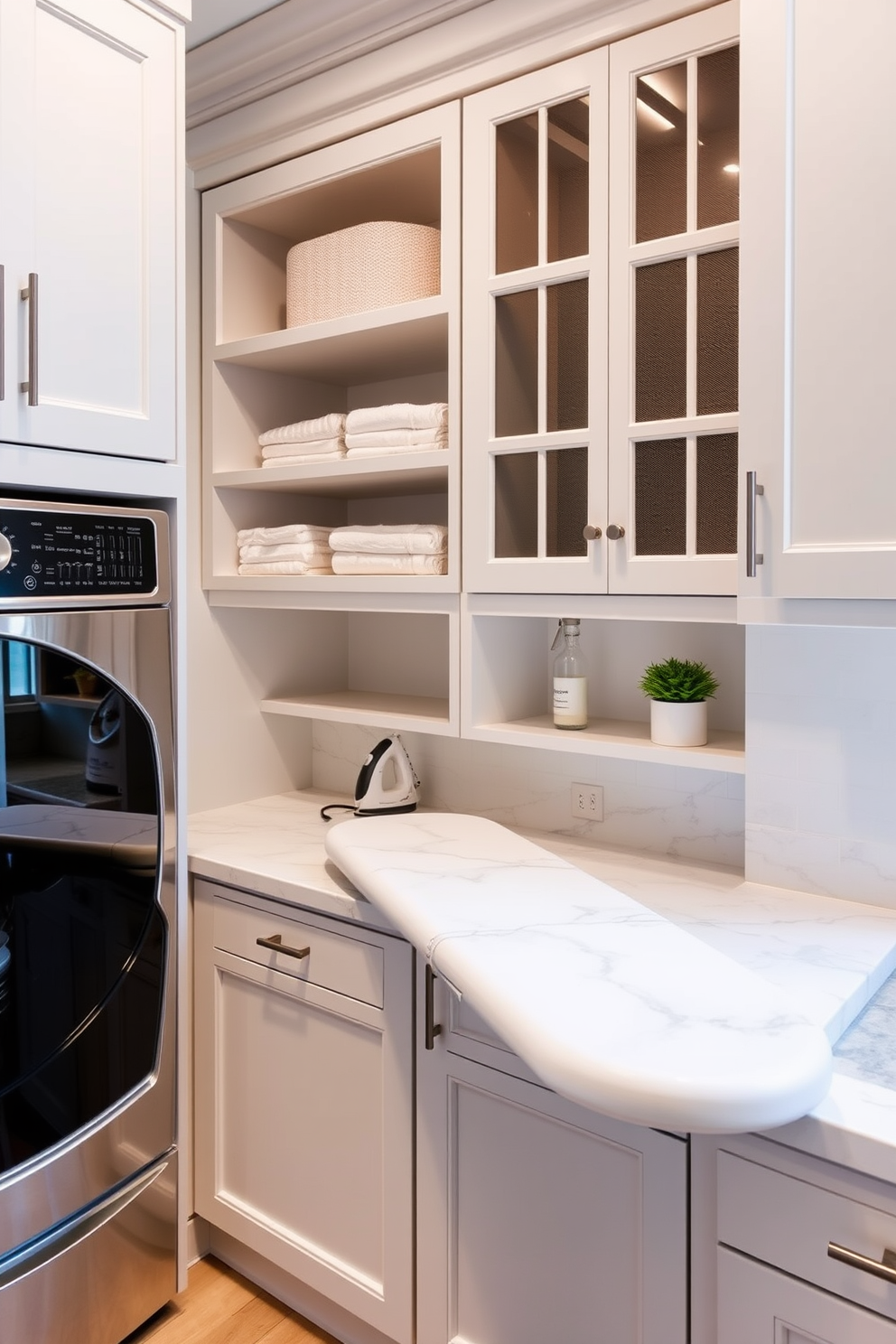 A luxury laundry room features a sleek built-in ironing board seamlessly integrated into the cabinetry. The space is adorned with high-end finishes, including marble countertops and custom cabinetry in a soft color palette.