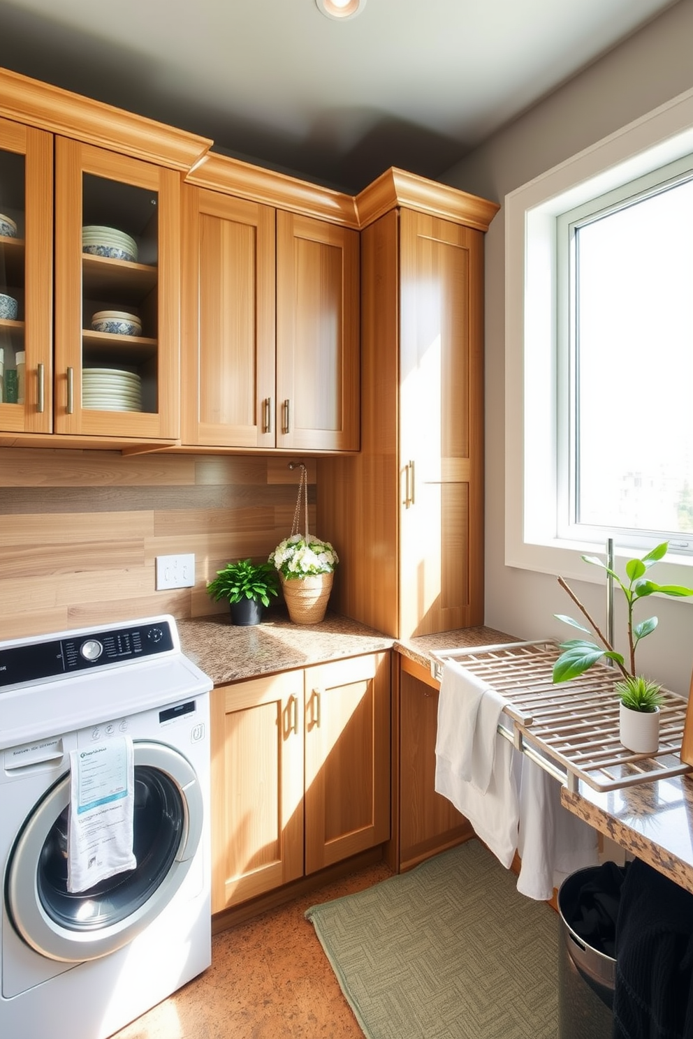 A luxury laundry room designed with eco-friendly materials features bamboo cabinetry and countertops made from recycled glass. The space includes energy-efficient appliances and a large window that lets in natural light, creating a bright and inviting atmosphere. The flooring is made from sustainable cork, providing comfort and durability. Decorative elements like potted plants and a stylish drying rack enhance the aesthetics while promoting a green lifestyle.