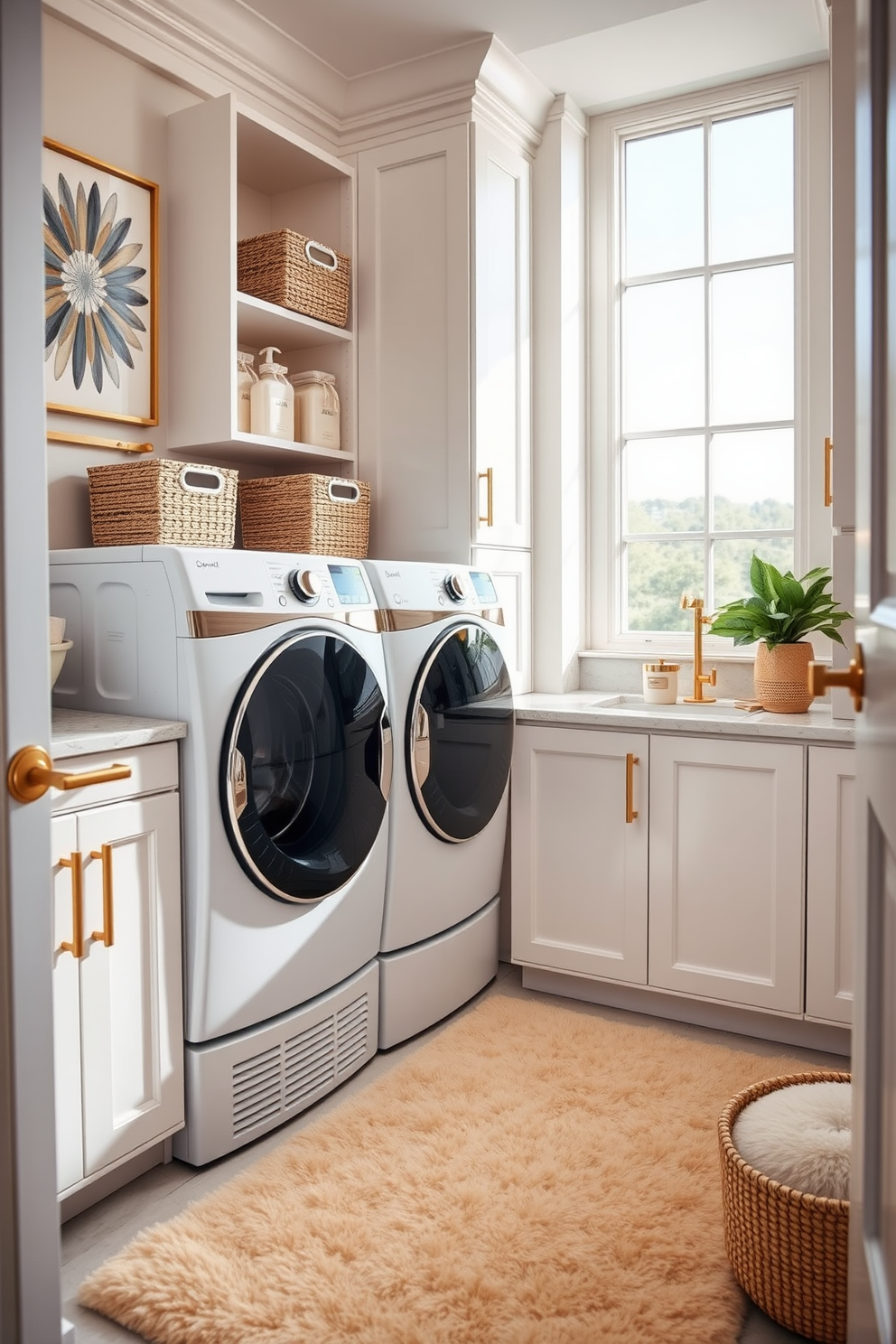 A luxury laundry room featuring a sleek washer and dryer set in a modern finish. The space is enhanced by color-coordinated accessories such as stylish baskets, matching detergent containers, and decorative wall art that ties the room together. The cabinetry is designed in a soft white hue with gold hardware, providing a touch of elegance. A plush rug in a complementary color adds warmth underfoot, while a large window allows natural light to flood the room, creating an inviting atmosphere.