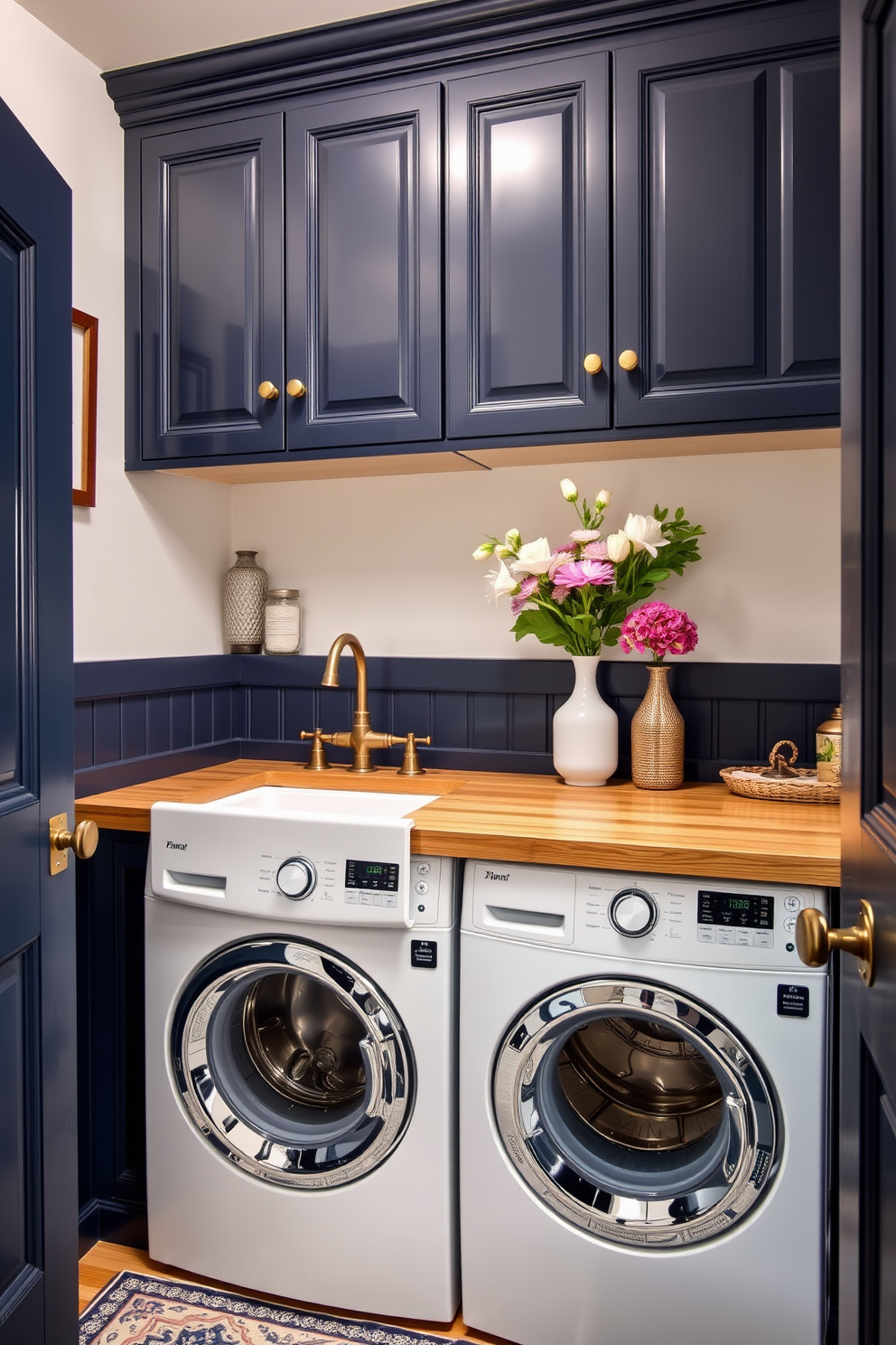 A luxury laundry room featuring vintage accents that create a timeless appeal. The space includes a classic farmhouse sink with an antique brass faucet and a wooden countertop adorned with decorative jars and fresh flowers. The cabinetry is a rich navy blue with intricate molding, complemented by brass hardware. A vintage-inspired patterned rug lies beneath the washer and dryer, adding warmth and character to the room.