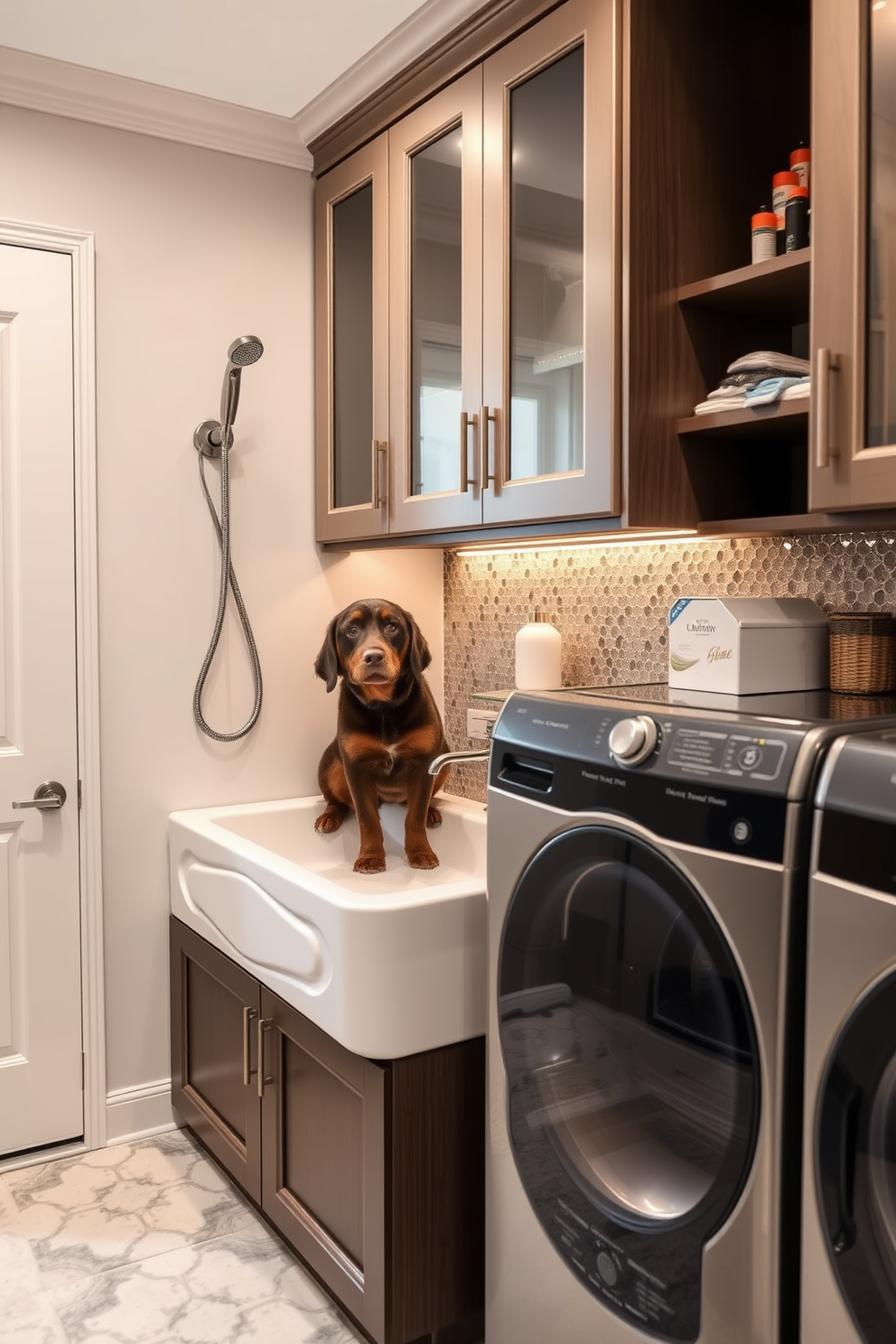 A dedicated pet washing station is designed with a deep basin and a handheld showerhead for easy cleaning. The area features durable, water-resistant materials and ample storage for pet supplies. The luxury laundry room includes high-end appliances and custom cabinetry for organization. A stylish countertop provides space for folding clothes, while a chic backsplash adds a touch of elegance.