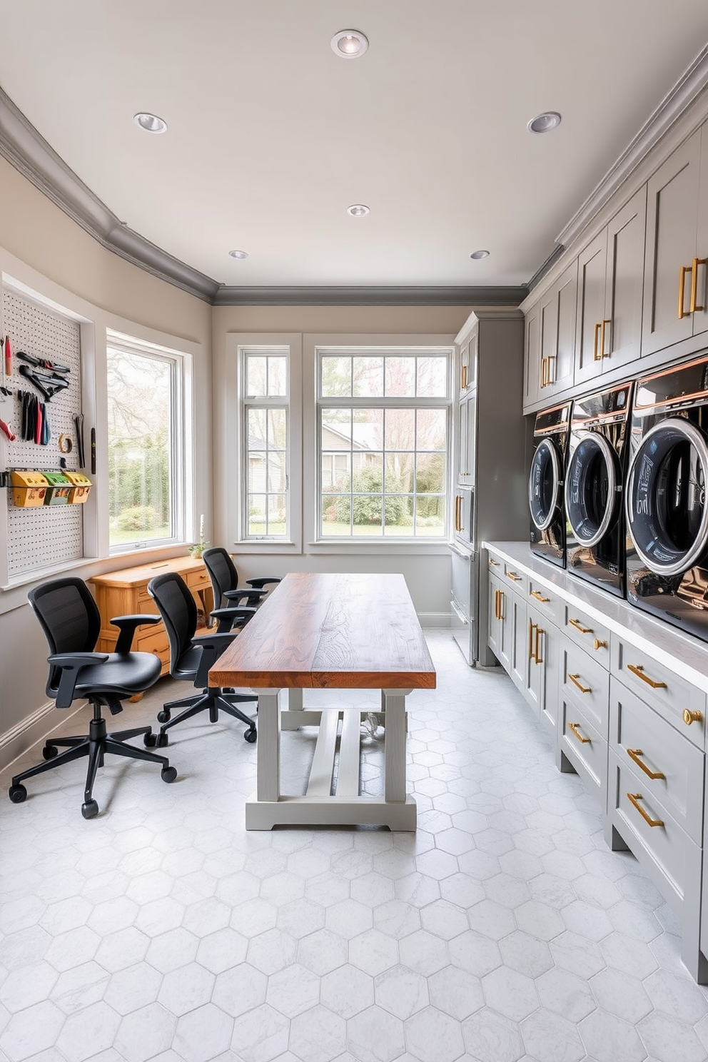 A multi-functional space for crafting or hobbies features a spacious worktable made of reclaimed wood surrounded by comfortable ergonomic chairs. The walls are adorned with pegboards for organizing tools and supplies, while large windows provide ample natural light and a view of the garden. The luxury laundry room design showcases sleek cabinetry in a soft gray finish with gold hardware for an elegant touch. A large farmhouse sink is positioned next to high-end appliances, and the floor is covered with stylish hexagonal tiles for a modern aesthetic.