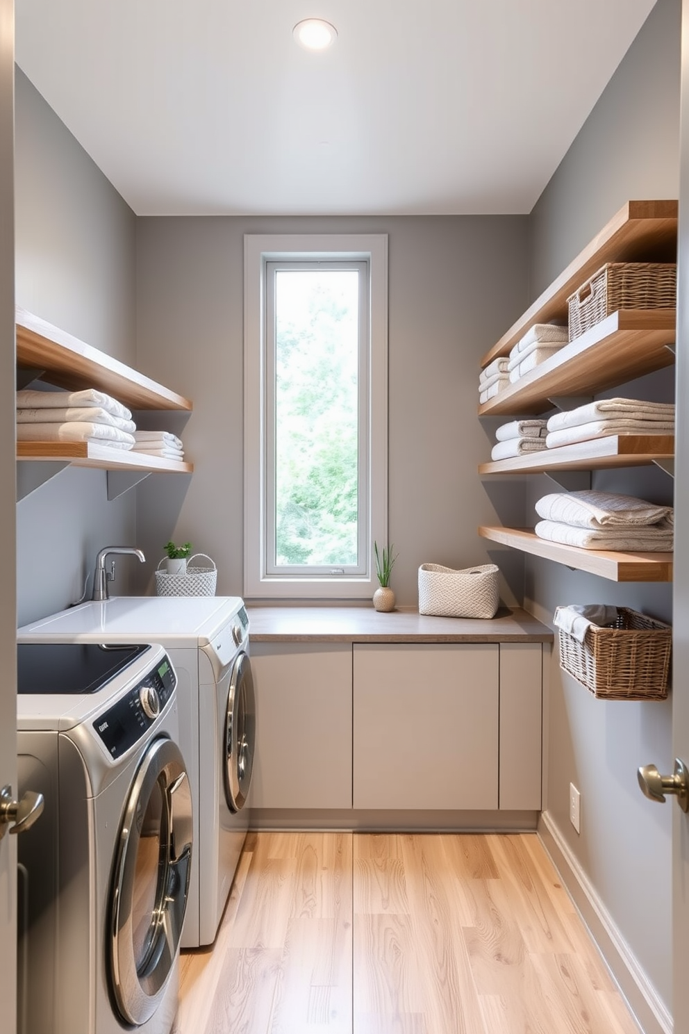 A modern laundry room features sleek floating shelves made of light wood, providing an airy and open feel. The walls are painted in a soft gray, complementing the stainless steel appliances and adding to the contemporary aesthetic. The floating shelves are adorned with neatly folded towels and stylish storage baskets, creating a functional yet visually appealing space. A large window allows natural light to flood the room, enhancing the overall brightness and warmth of the design.