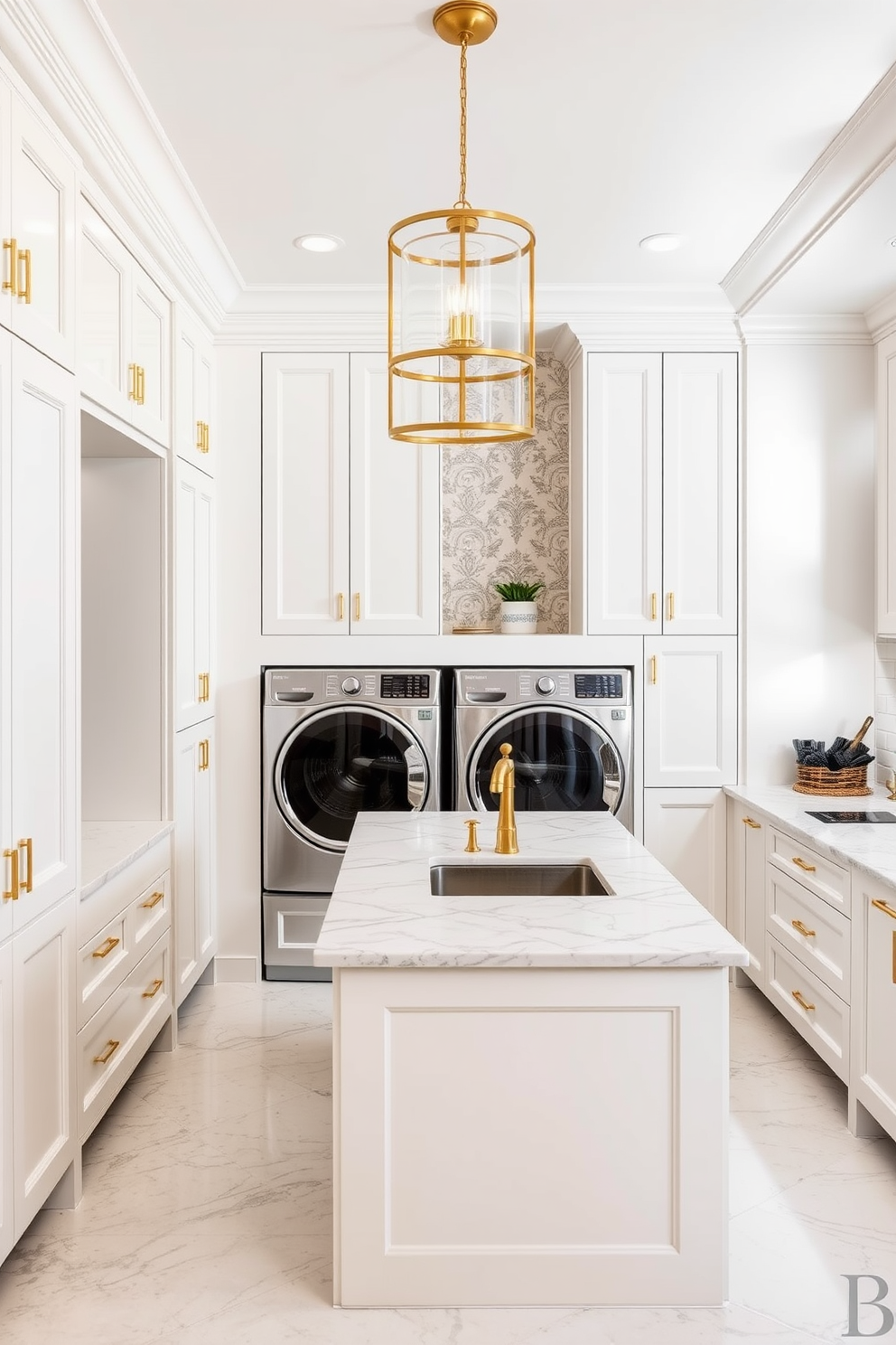 A luxurious laundry room featuring high-end finishes such as gold and brass fixtures. The space includes a large island with a marble countertop, surrounded by custom cabinetry in a soft white finish. The walls are adorned with elegant wallpaper that complements the overall color scheme. A stylish pendant light hangs from the ceiling, adding a touch of sophistication to the room.