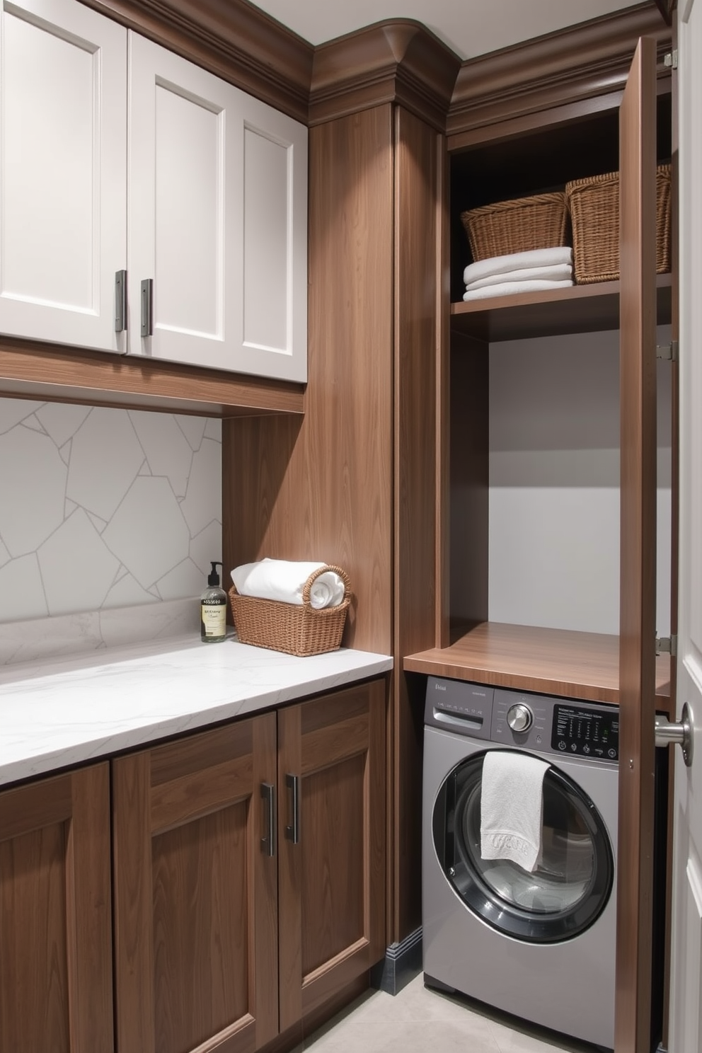 A luxury laundry room features a built-in folding station designed for convenience and organization. The station is crafted from high-quality materials and includes ample storage for laundry essentials, ensuring a tidy and efficient space.