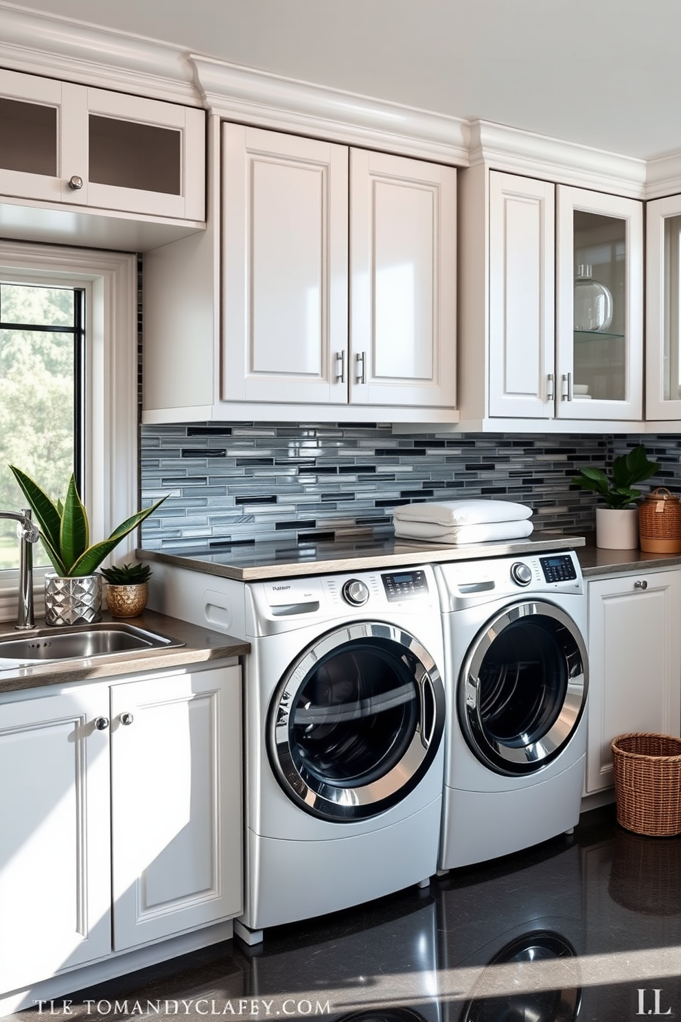 A luxury laundry room featuring high-end appliances seamlessly integrated into custom cabinetry. The space includes a large washer and dryer set with sleek stainless steel finishes, surrounded by ample storage and a stylish countertop for folding clothes. Natural light floods the room through a large window, highlighting the elegant tile backsplash and polished flooring. Decorative elements like potted plants and chic storage baskets add a touch of sophistication and warmth to the modern design.