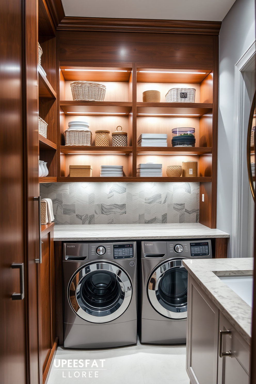 A luxurious laundry room featuring open shelving that showcases decorative storage options. The shelves are crafted from rich wood and are adorned with neatly arranged baskets and stylish containers. The room is equipped with high-end appliances, including a sleek washer and dryer set. Soft, ambient lighting highlights the elegant backsplash and the chic countertop space designed for folding clothes.