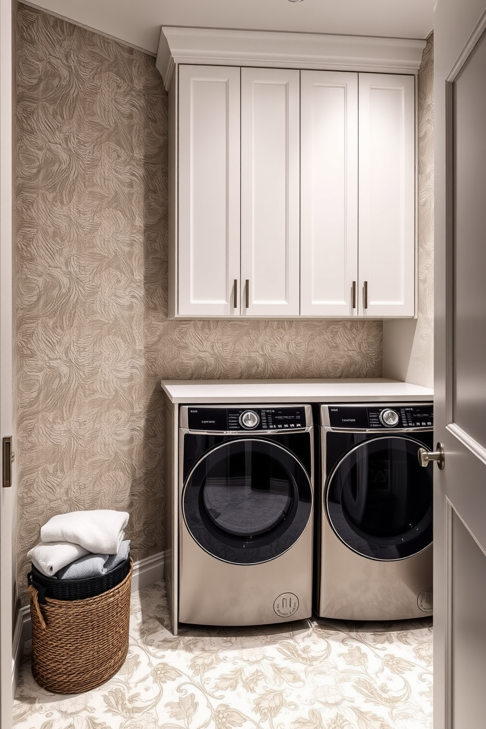 A luxurious laundry room featuring textured wallpaper that adds depth and character to the space. The room is equipped with high-end appliances, including a sleek washer and dryer, complemented by custom cabinetry for ample storage.