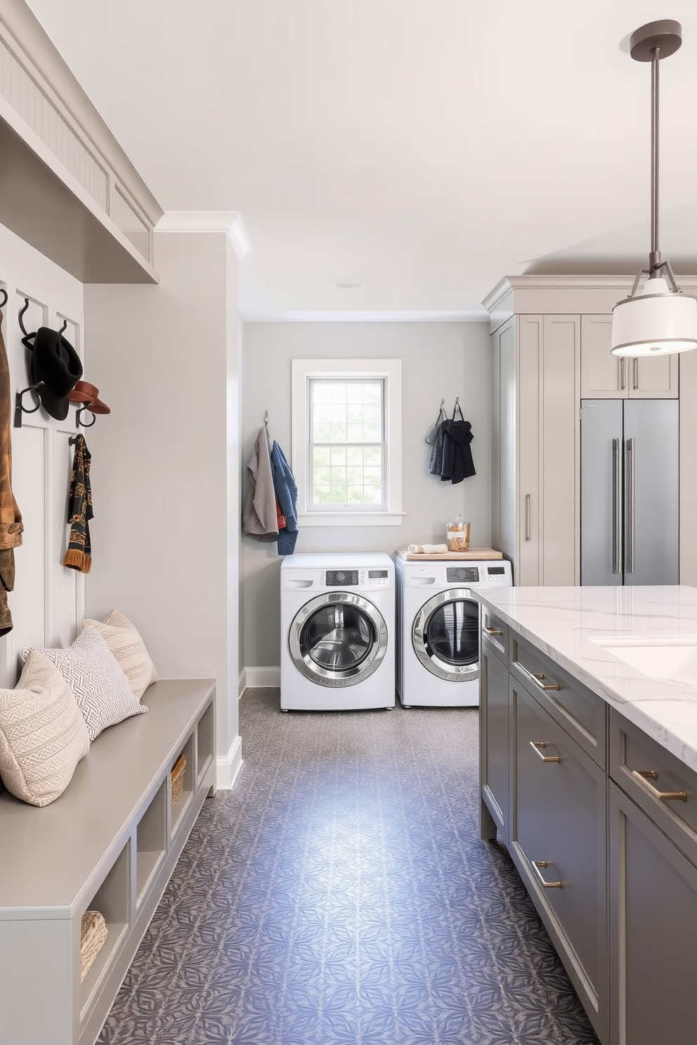 A stylish mudroom featuring built-in storage benches with plush cushions and hooks for coats. The walls are painted in a soft gray, and the floor is covered with durable, patterned tiles that complement the overall aesthetic. An elegant laundry room with sleek cabinetry and a large island for folding clothes. The space is brightened by natural light from a window, and the countertops are made of quartz, adding a touch of luxury to the functional area.