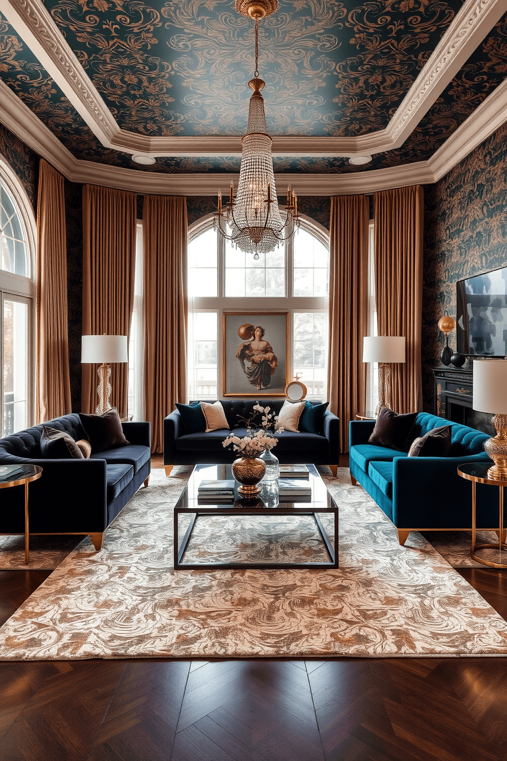 A luxurious living room featuring bold wallpaper patterns that create a striking focal point. The space is adorned with plush velvet sofas in rich jewel tones, complemented by gold accents and a statement chandelier. Large windows draped with elegant floor-to-ceiling curtains allow natural light to flood the room. A contemporary coffee table sits atop a textured area rug, surrounded by unique art pieces that enhance the overall aesthetic.