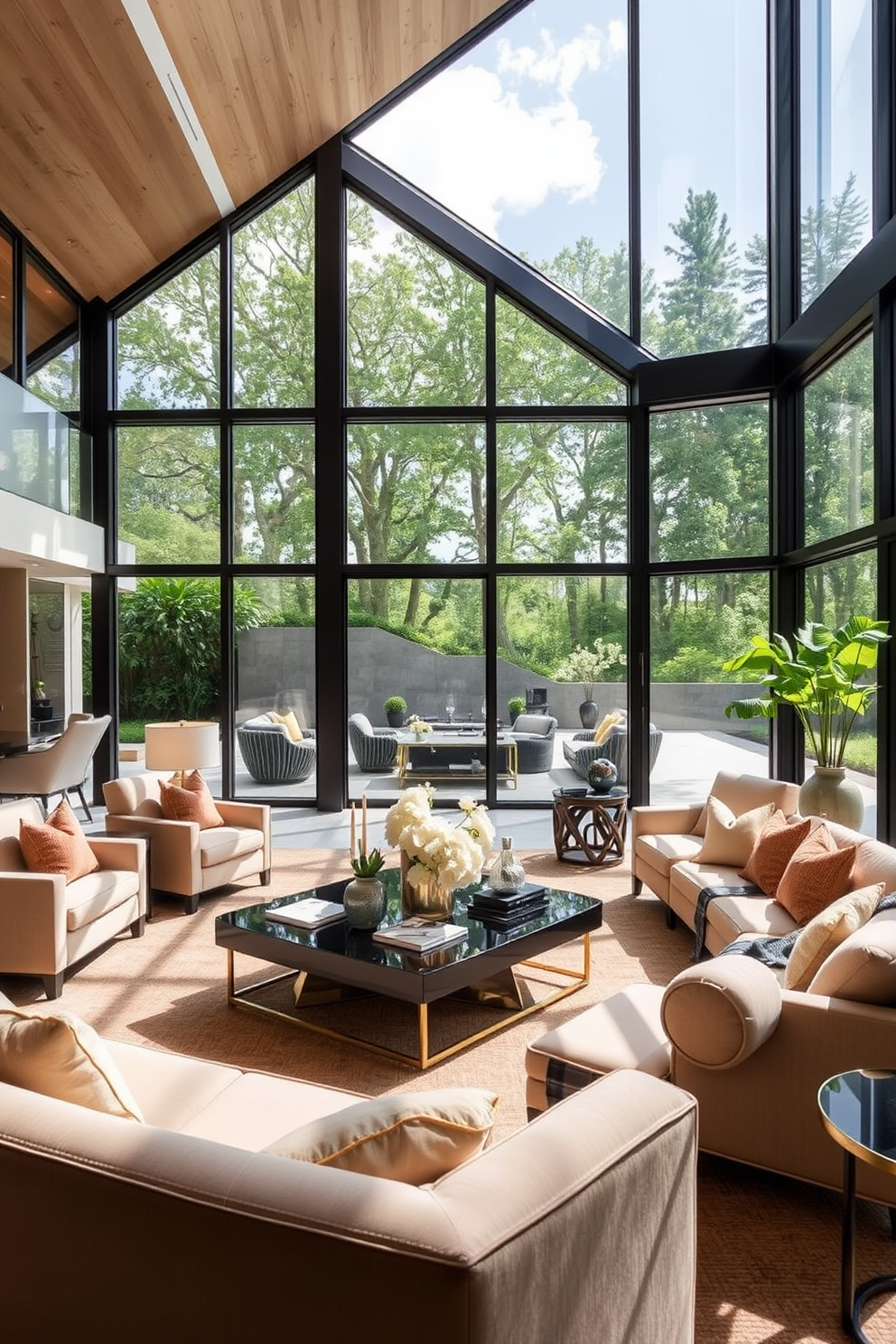 A luxury living room with expansive glass walls that invite natural light and create an open and airy atmosphere. The space features plush seating arrangements with elegant fabrics and a statement coffee table at the center, surrounded by tasteful decor elements.