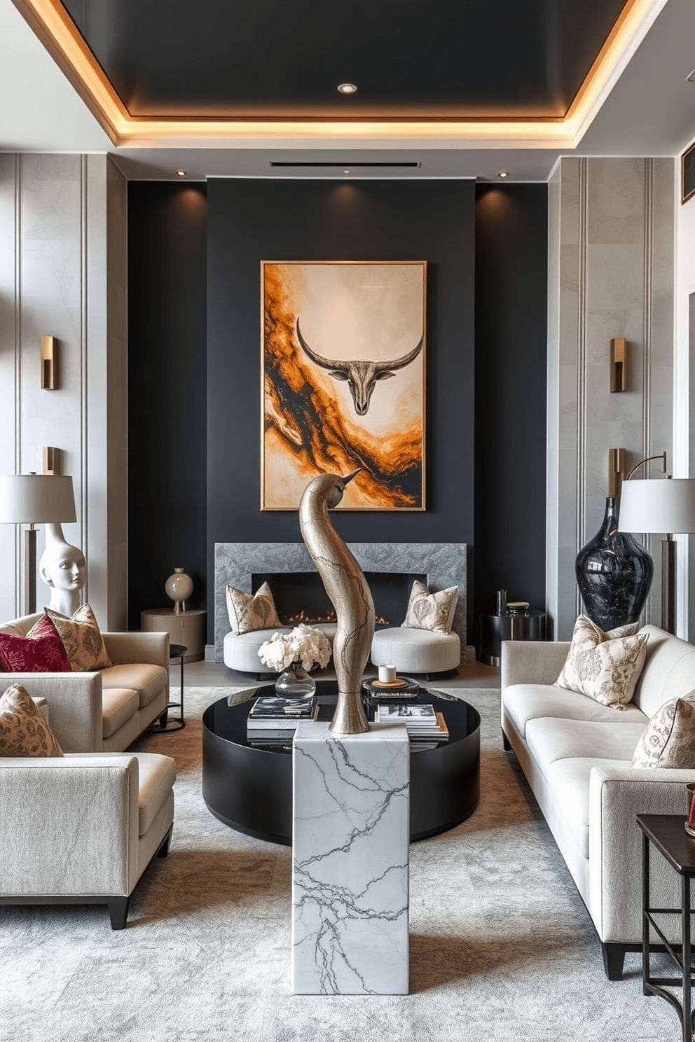 A luxury living room featuring unique sculptures that serve as conversation starters. The room is adorned with plush seating, elegant lighting, and a rich color palette that enhances the artistic elements. Incorporate a statement sculpture made of marble or metal as a focal point. Surround it with modern furniture and tasteful decor to create a harmonious and inviting atmosphere.