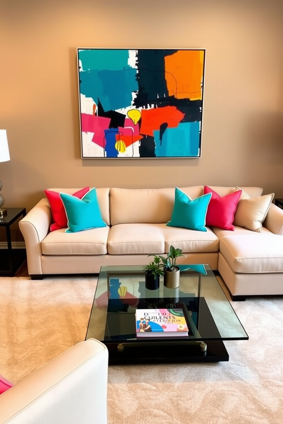 Create a luxurious living room setting that features a neutral color palette with pops of vibrant colors. Include a plush sectional sofa in a soft beige, accented by bright throw pillows in shades of teal and coral. In the center, place a sleek glass coffee table adorned with a colorful art book and a small potted plant. The walls should be painted in a warm taupe, and a large piece of abstract art with bold colors should hang above the sofa.